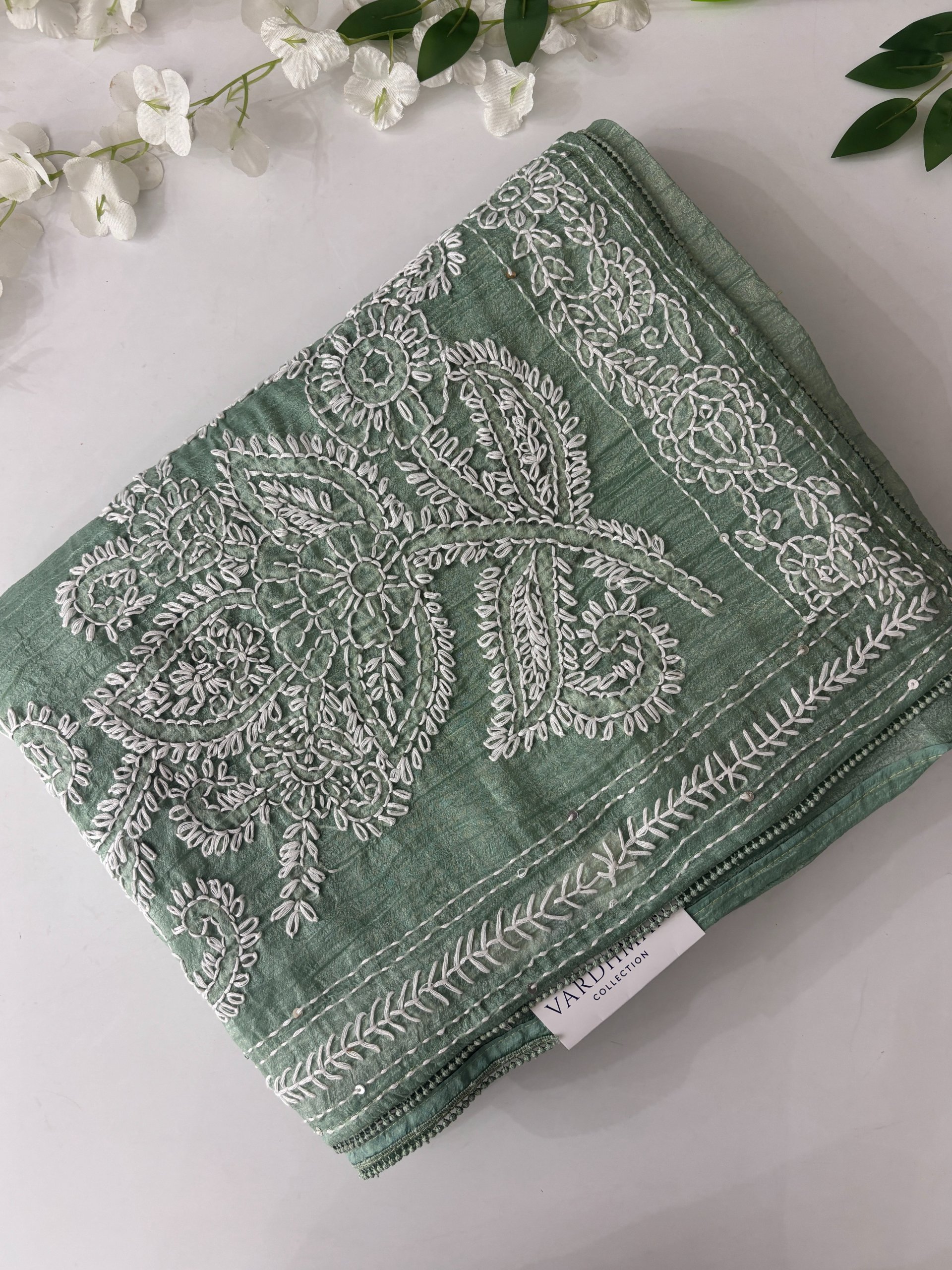 Green Crush Tissue Georgette Saree with Katha Work
