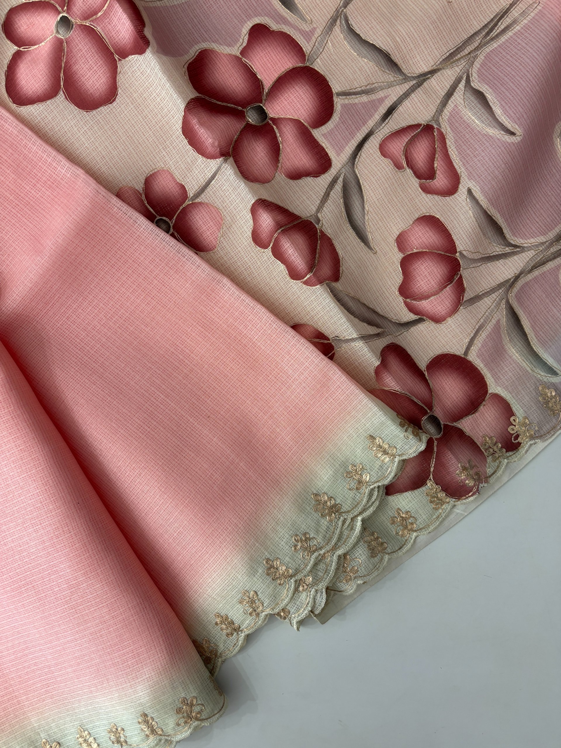 Light Peach Supernet Saree with Aari Work