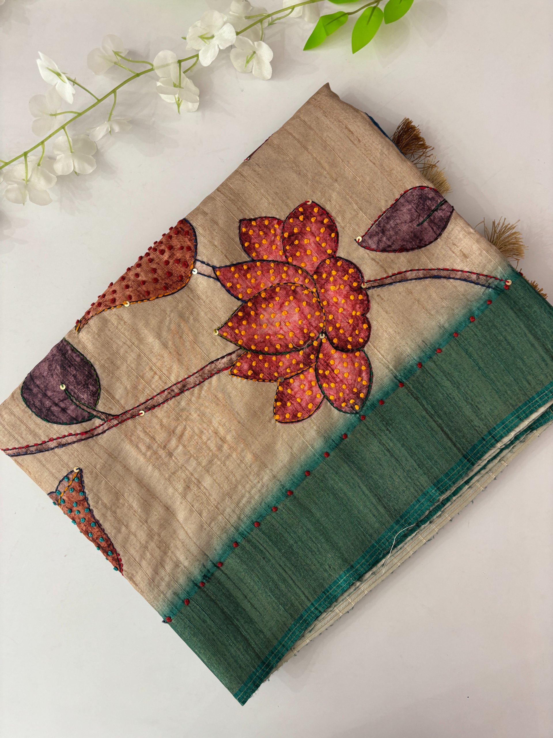 Blue Printed Raw Silk Saree with Knot Work