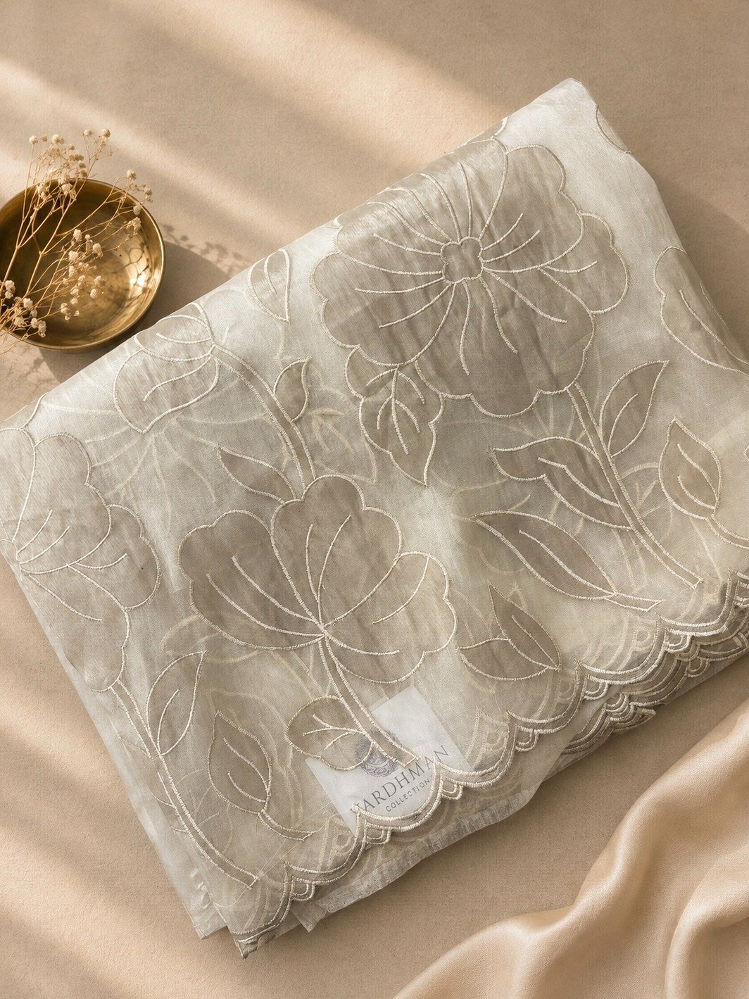 White Tissue Organza Sarees with Appliqué Work Embroidery