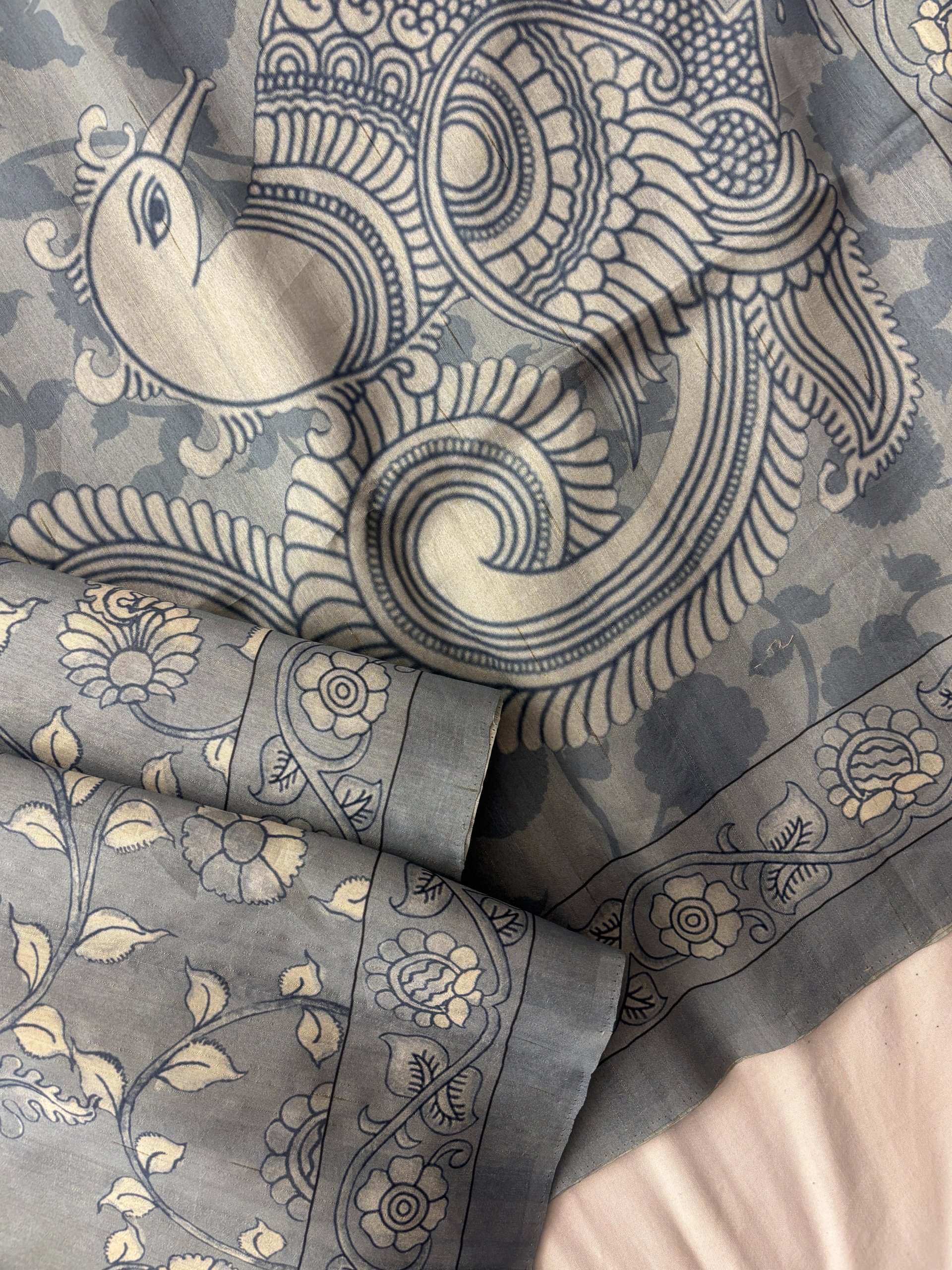 Grey Kalamkari Printed Tussar Silk Saree
