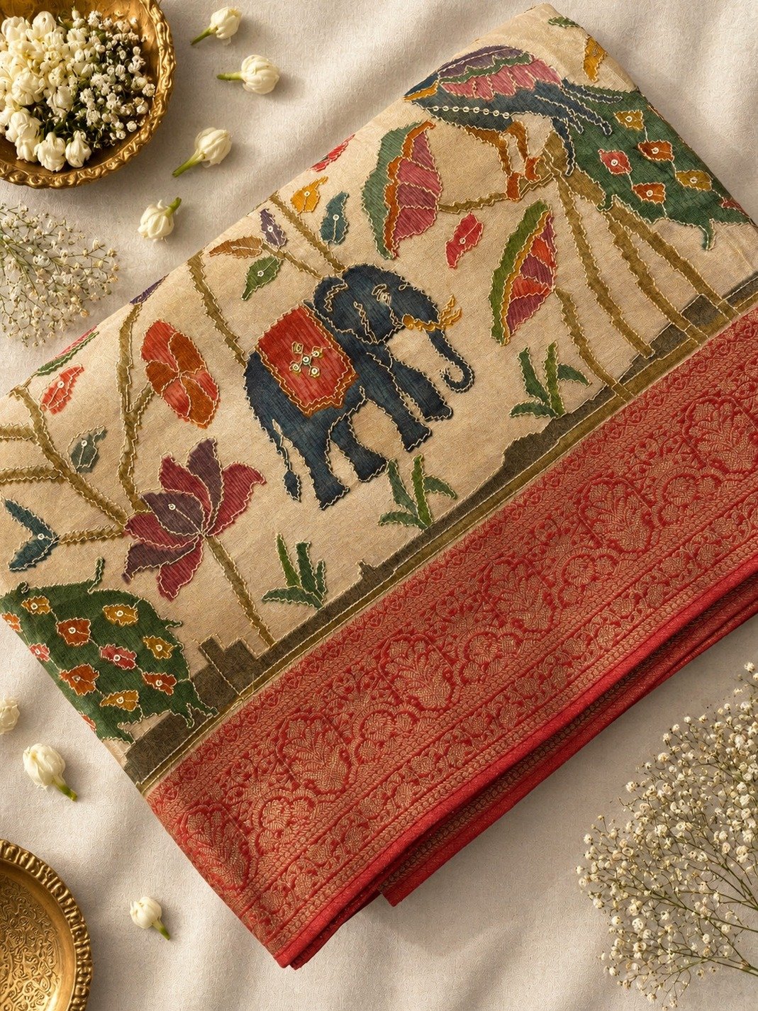 Cream Semi Pashmina Style Tissue Silk Saree with Work