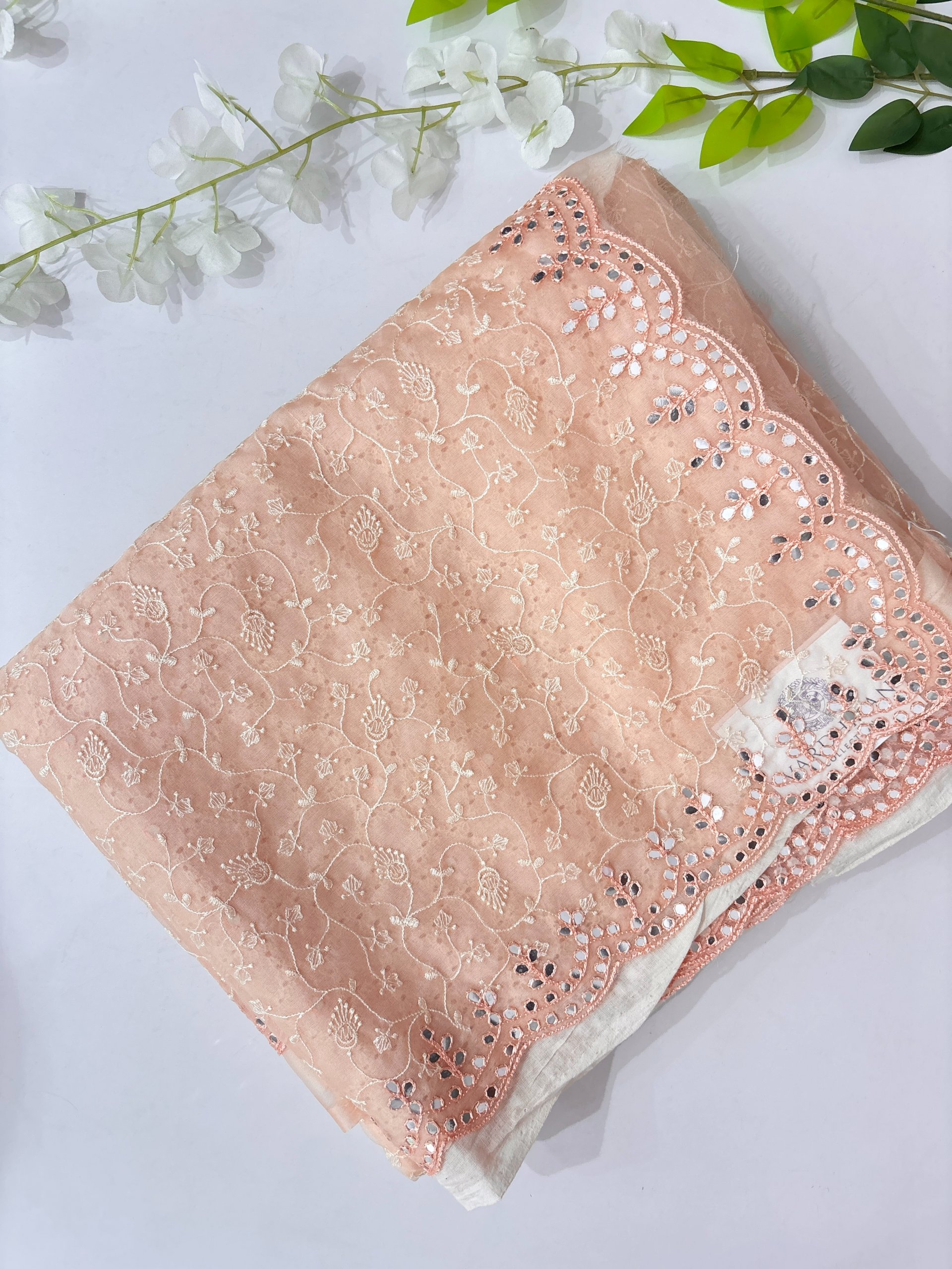 Light Peach Organza Saree with Embroidery & Mirror Work