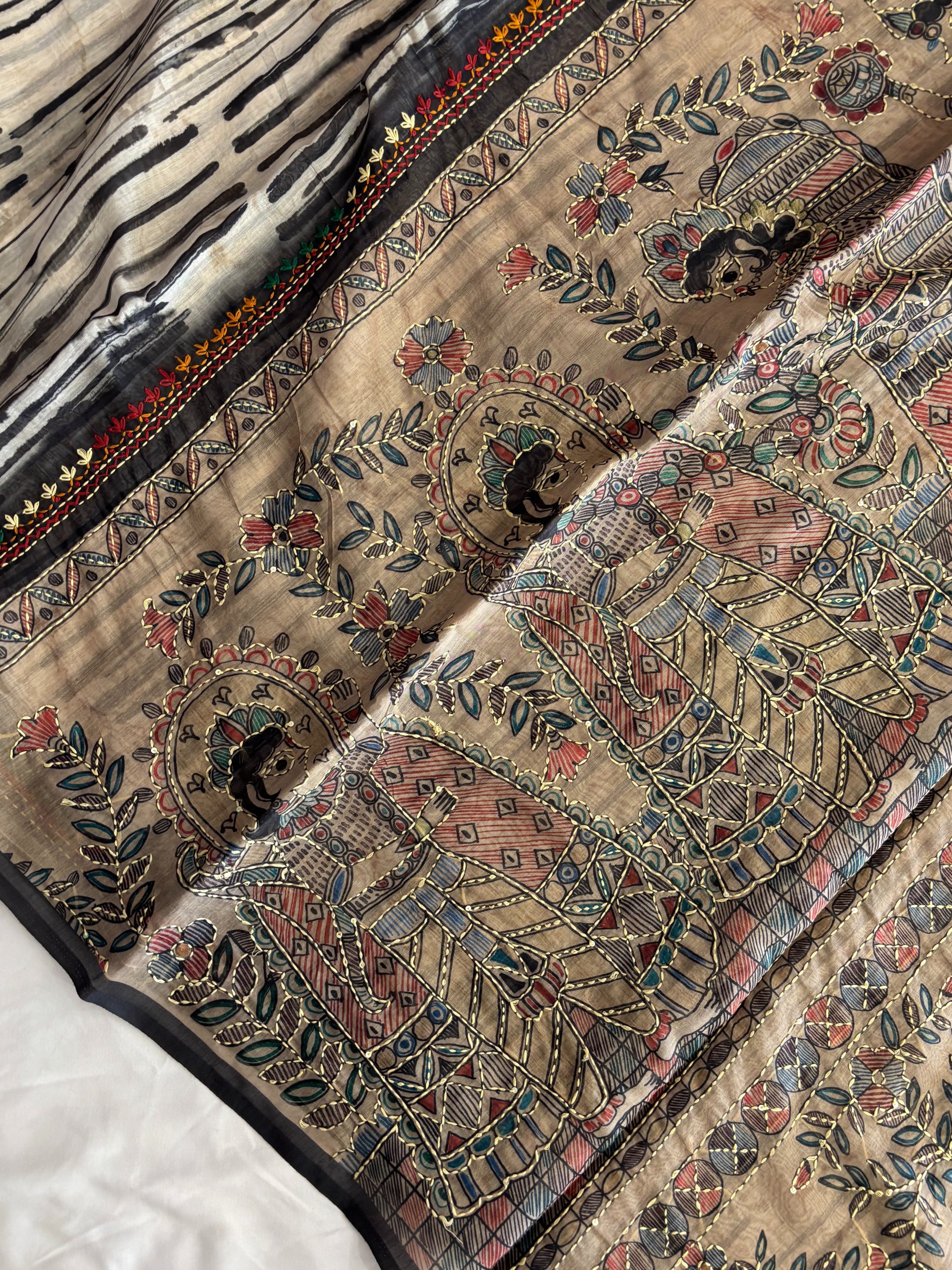 Black and Cream Chanderi Cotton Saree with Knot Work Border & Kantha Work Pallu