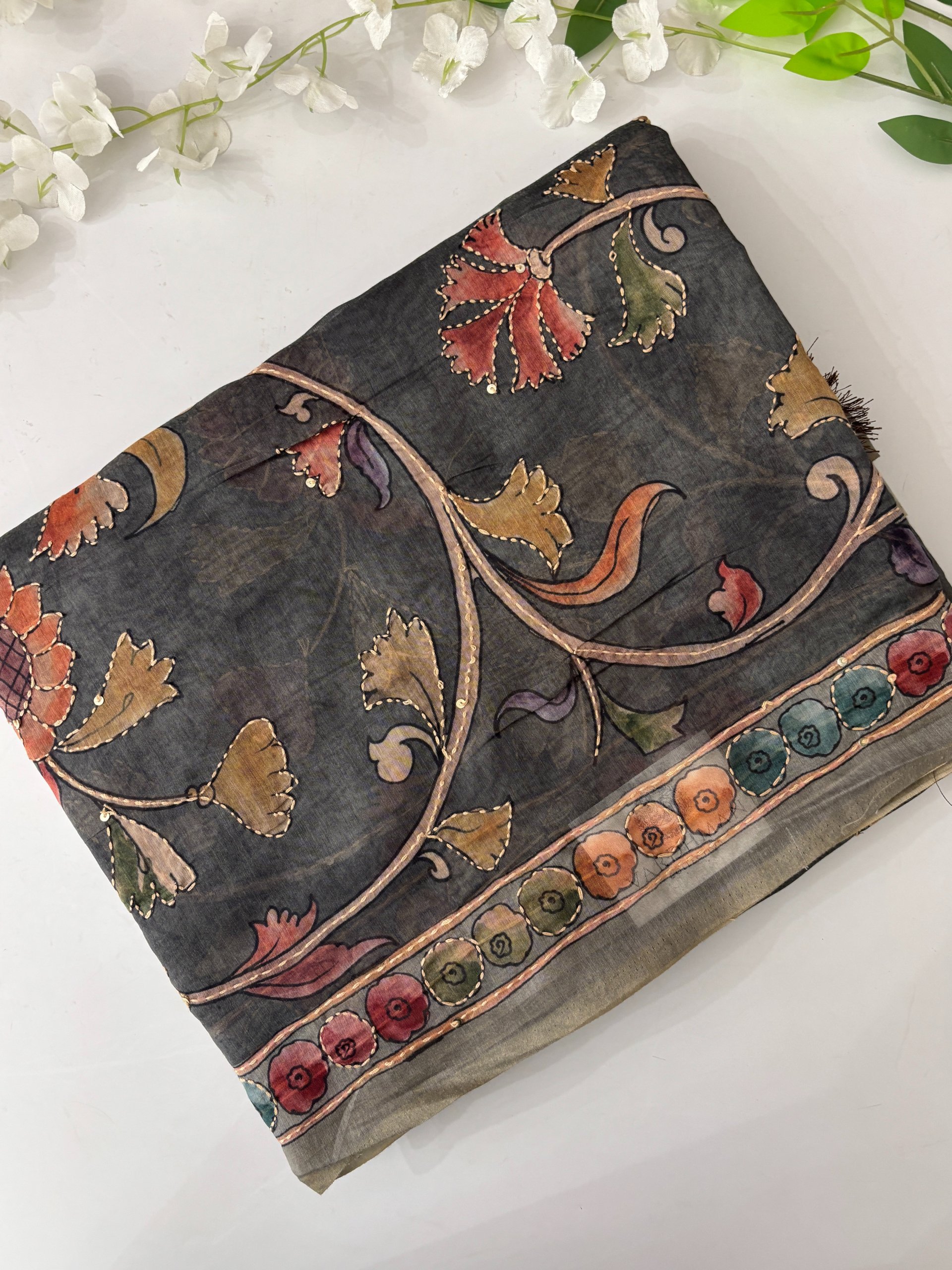 Grey Kalamkari X Chanderi Cotton Saree with Kantha Work