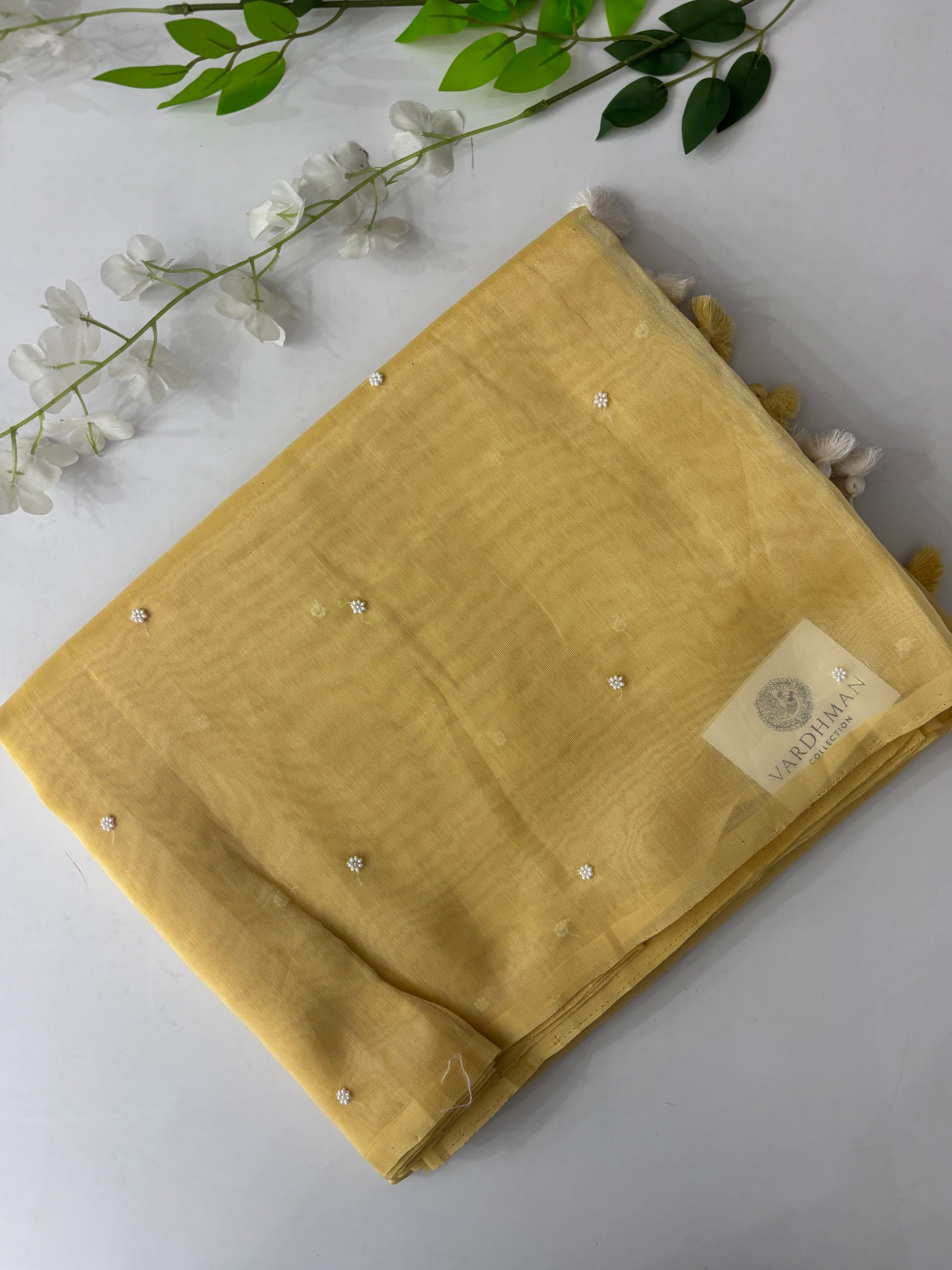 Light Yellow Blue Cotton Tissue Saree with Hand Work