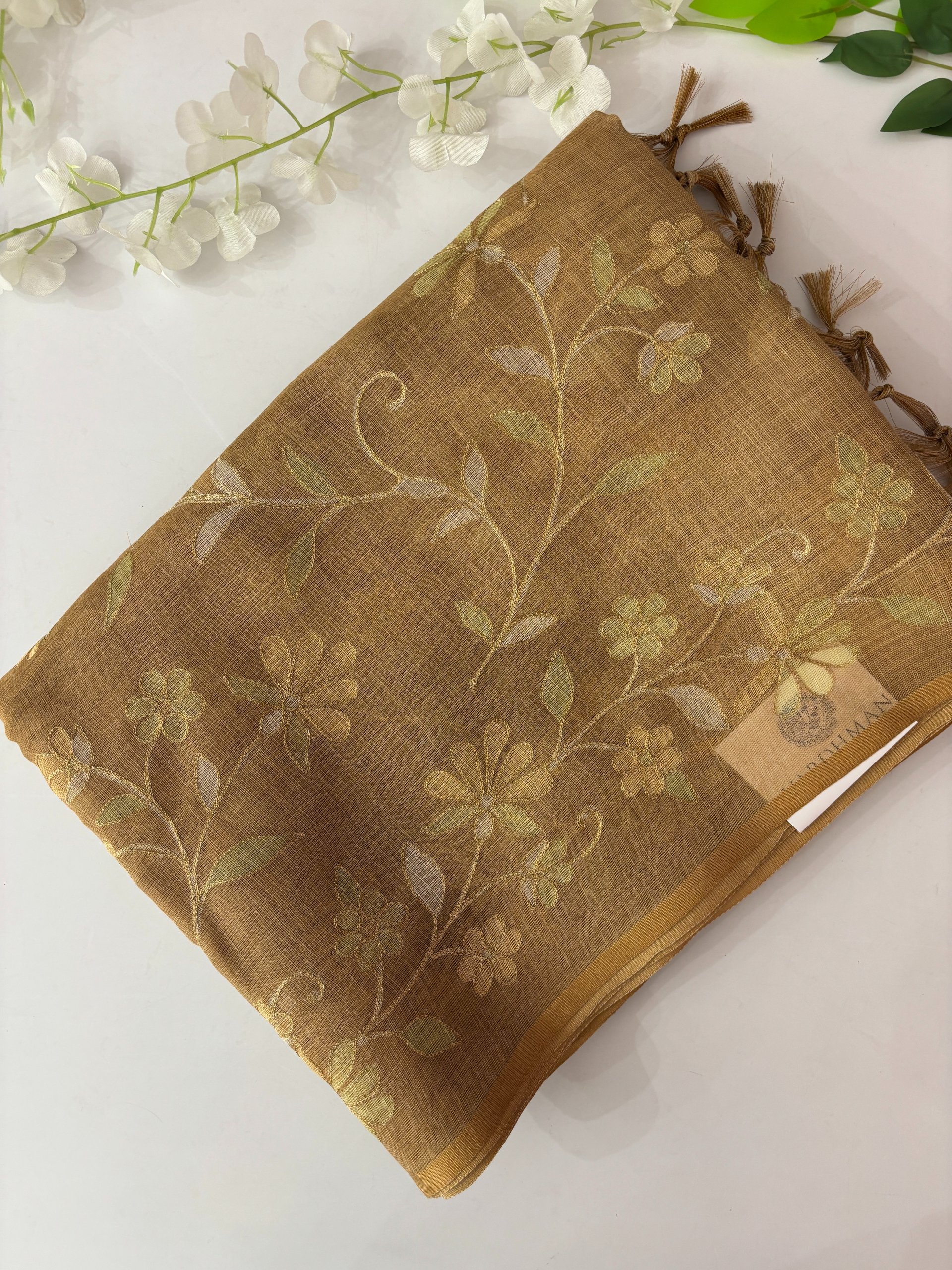 Yellow Tissue Linen Sarees with Zari Embroidery