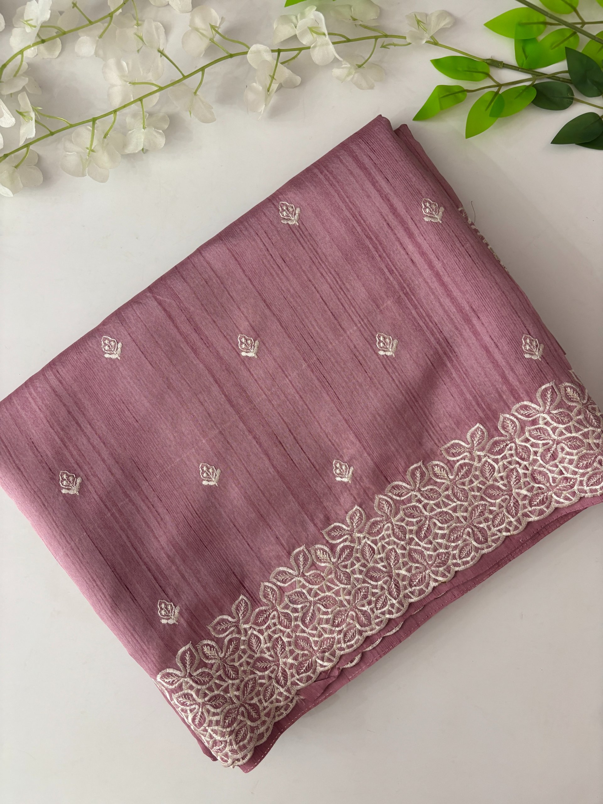 Pink Semi Tussar Silk Saree with Embroidery on it