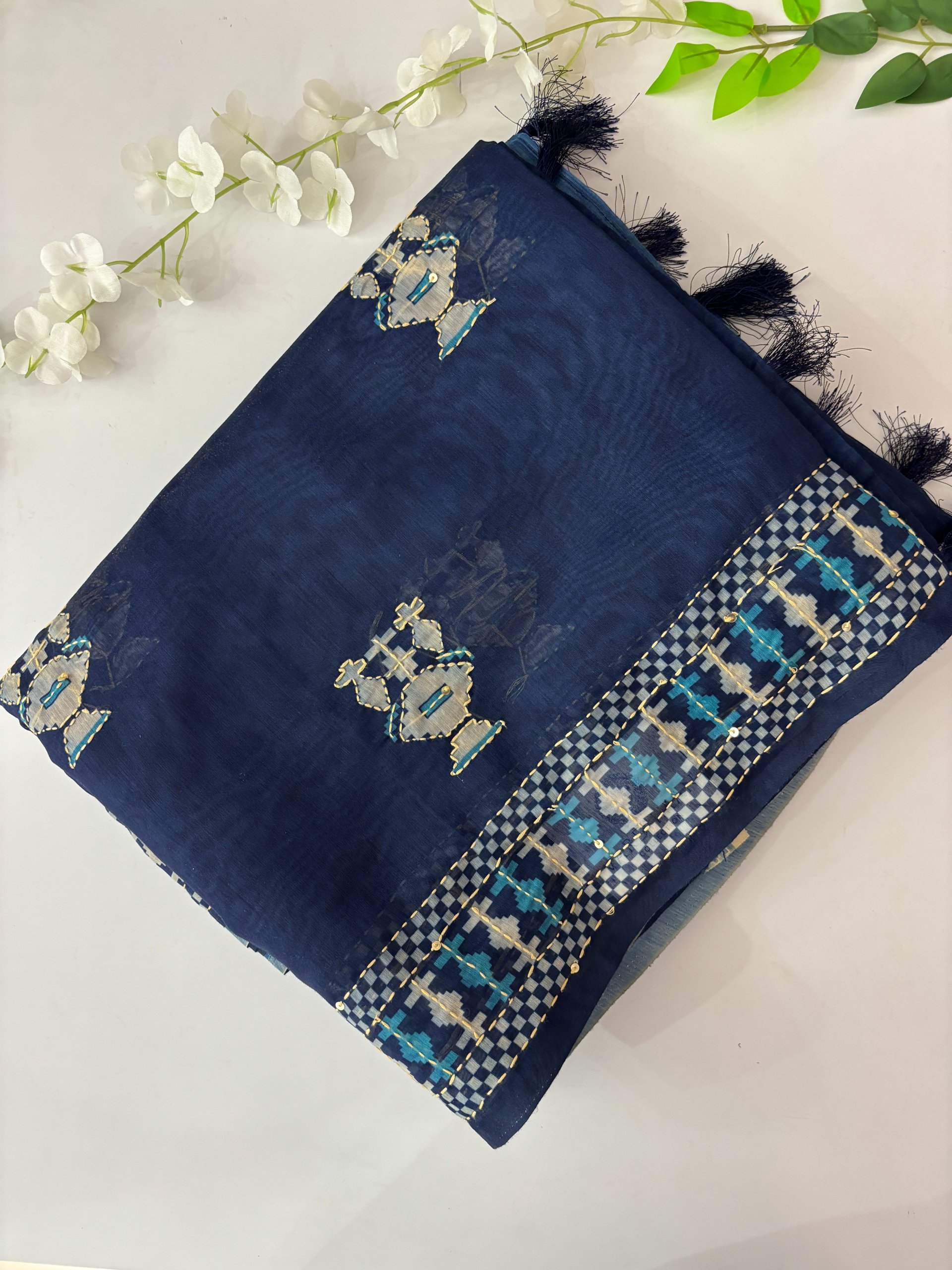 Blue Kantha Work Saree