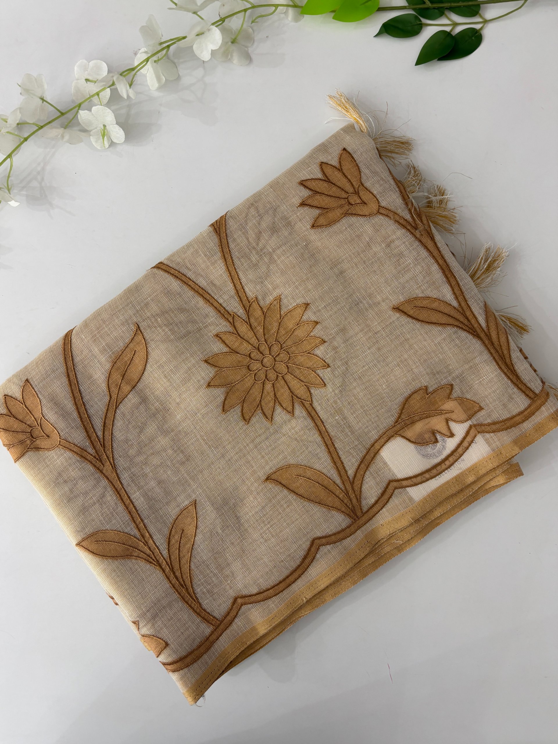 Cream with Mustard Applique Work Saree