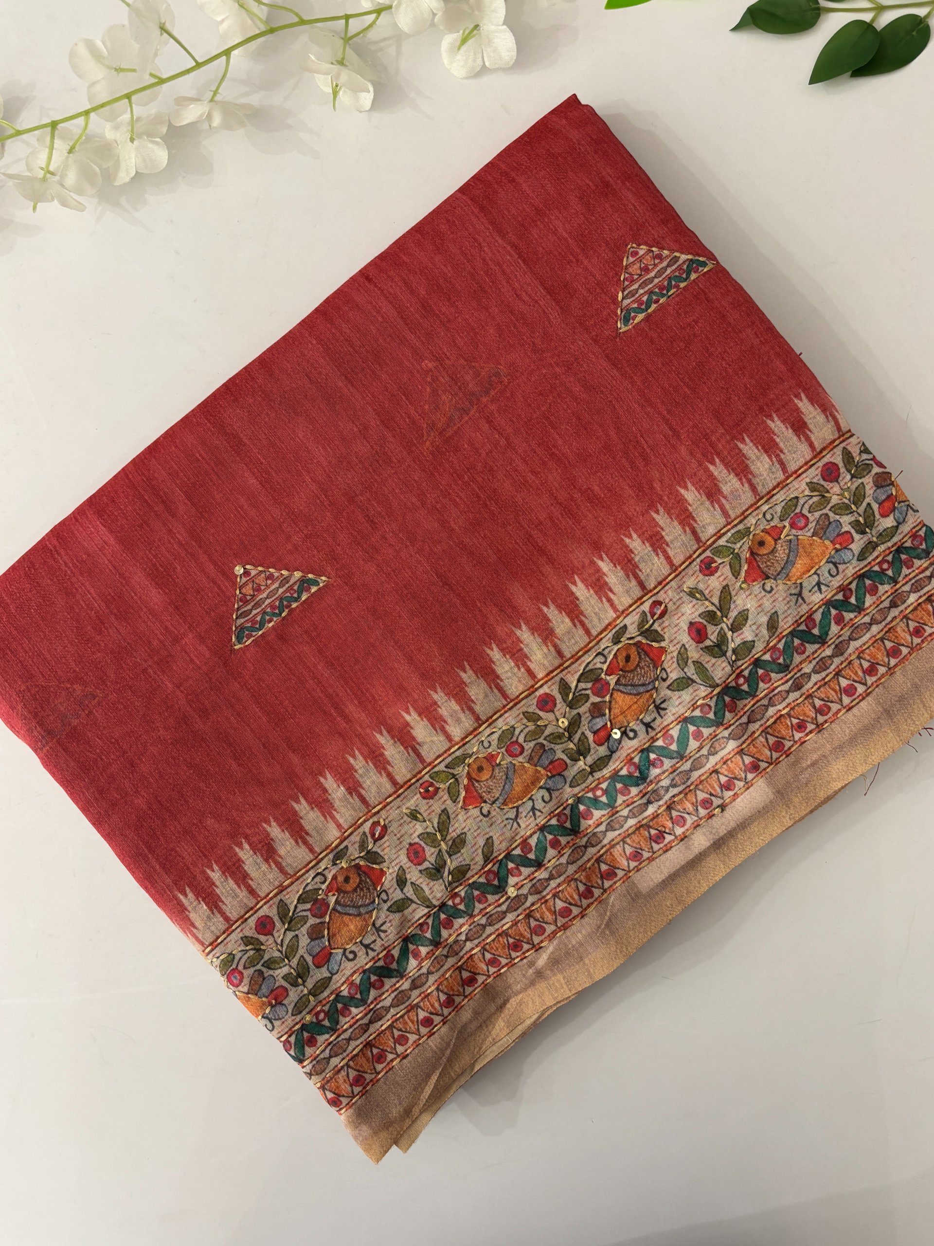 Pink Madhubani Saree with Kantha Work Online