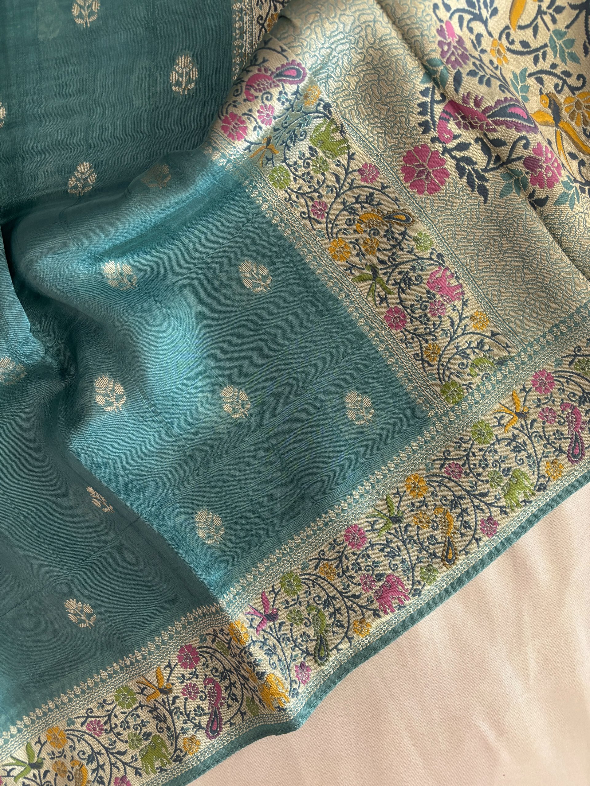 Teal Green Pastel Banarasi Tussar Silk Saree