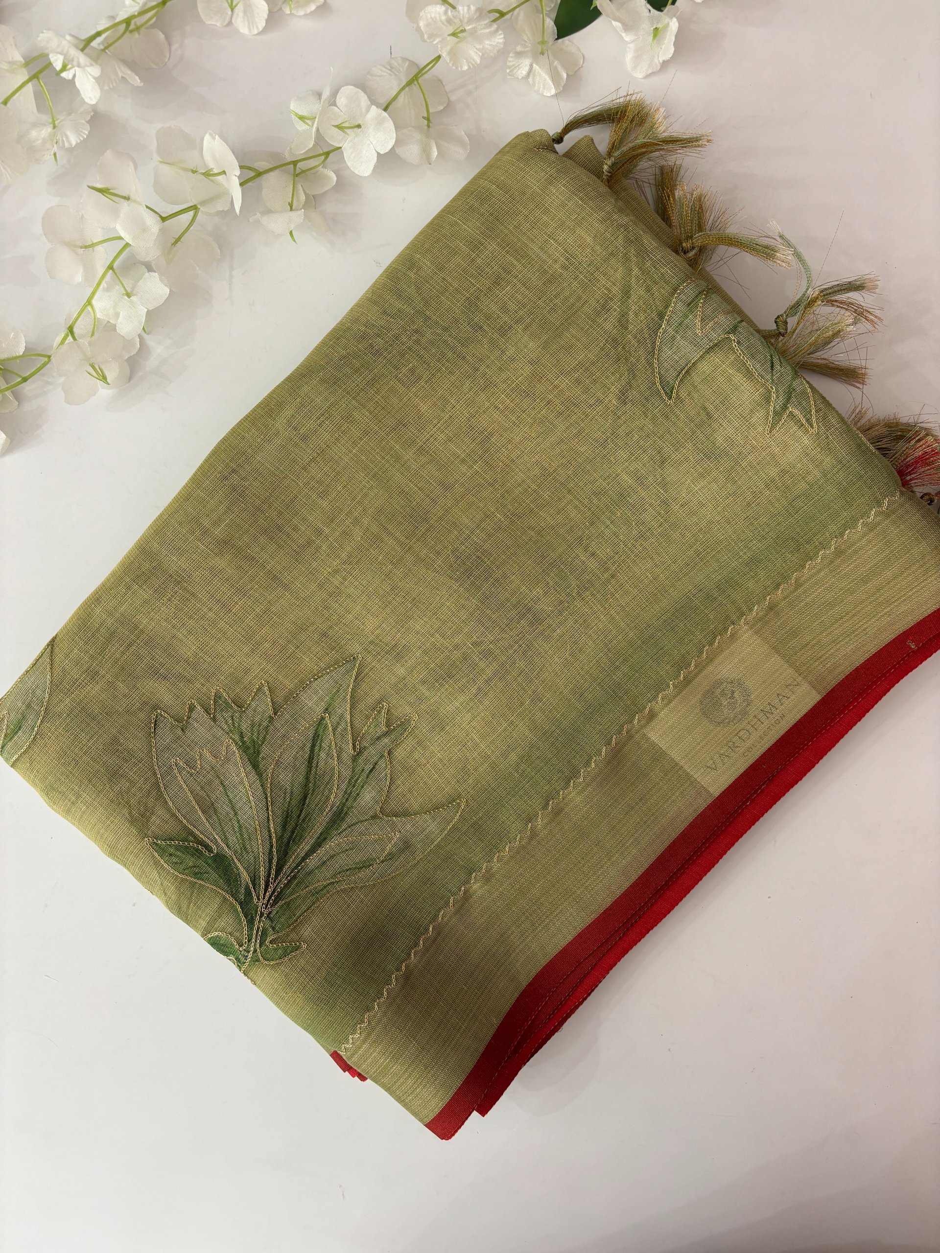 Green Linen Tissue Saree with Aari Work