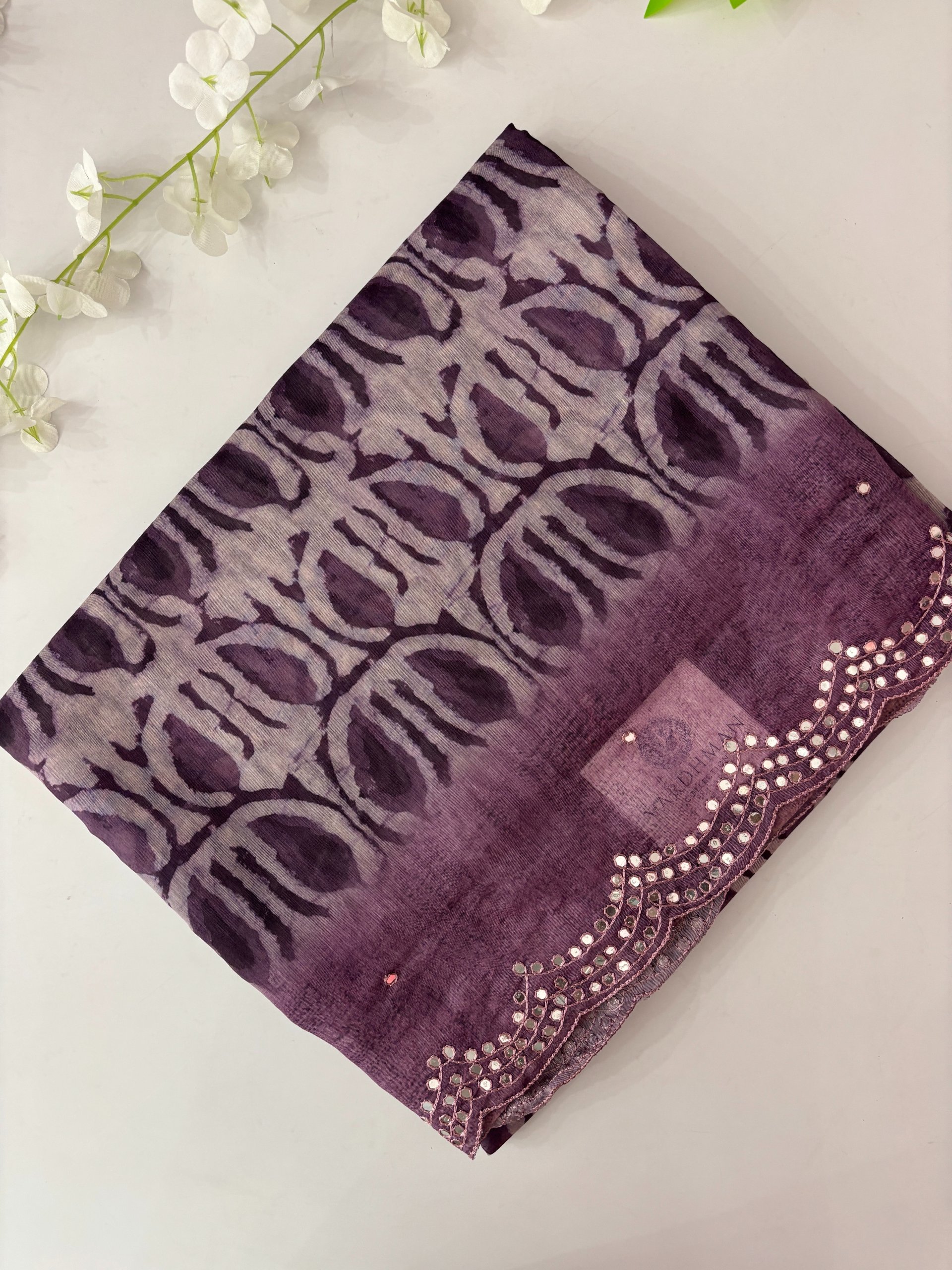 Lavender Scalping Border Digital Chanderi Cotton Saree with Mirror Work