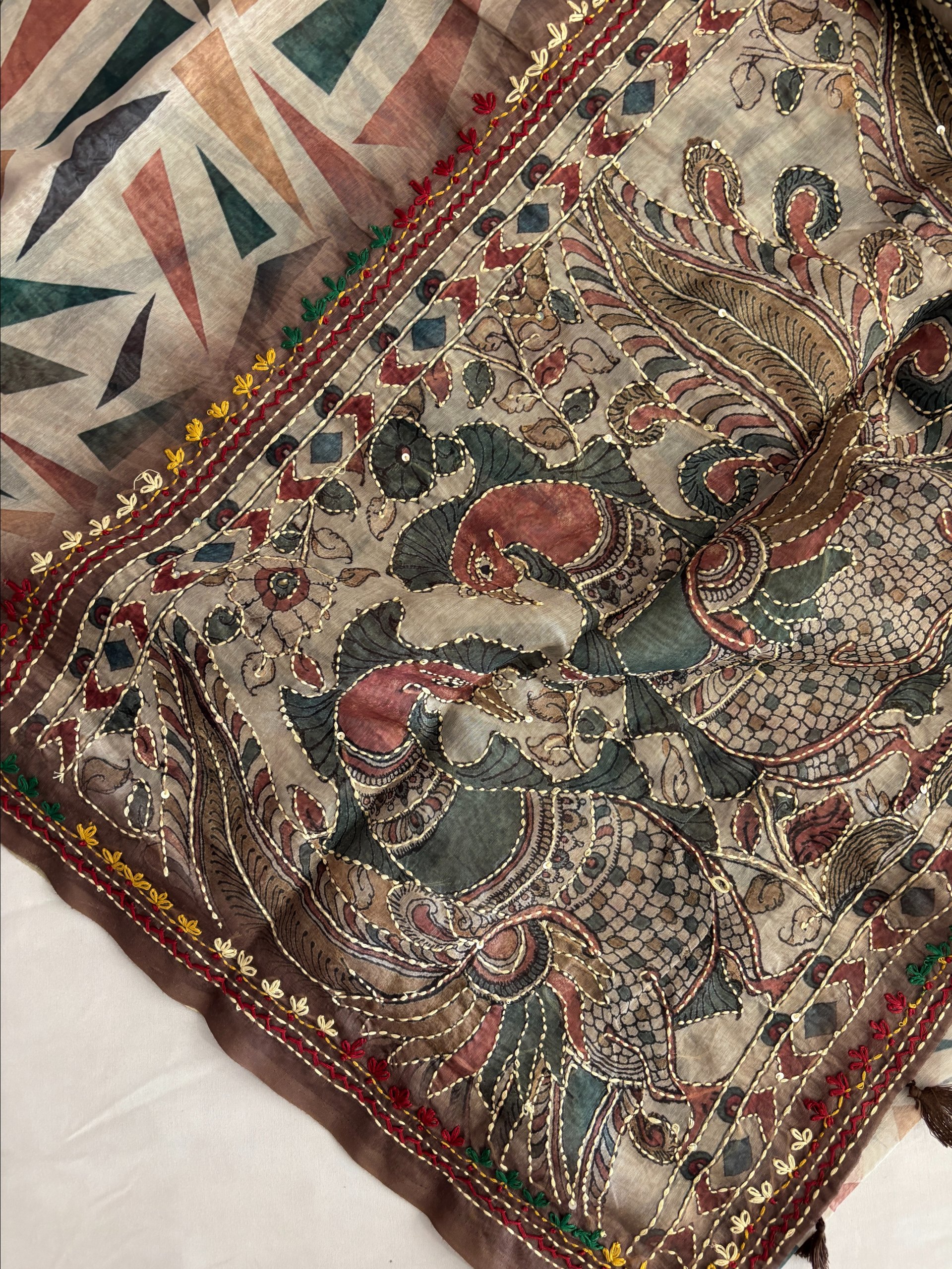 Chanderi Cotton Saree with Knot Work Border & Kantha Work Pallu