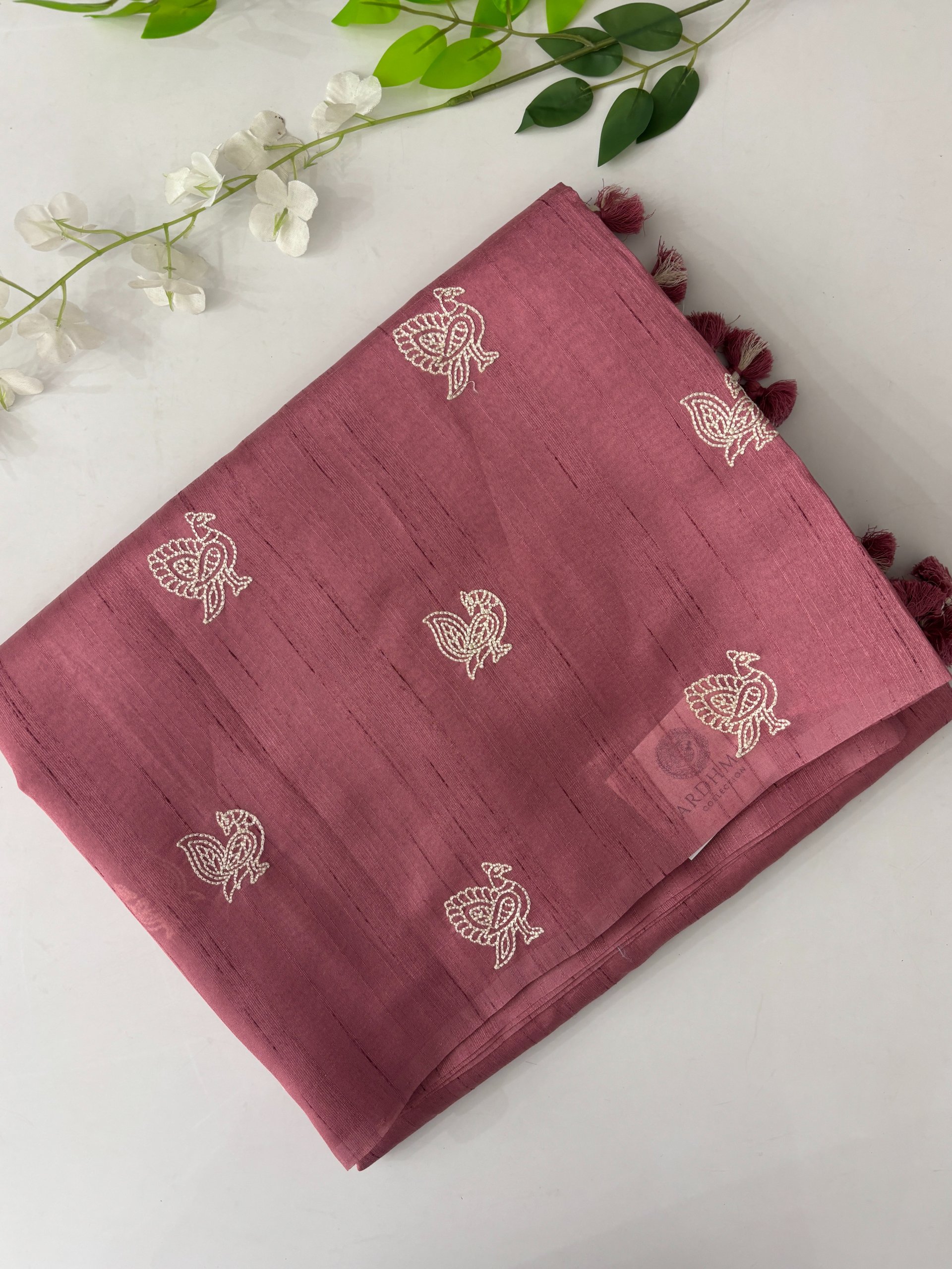 Onion Pink Tussar Silk Saree with Embroidery & Printed Blouse
