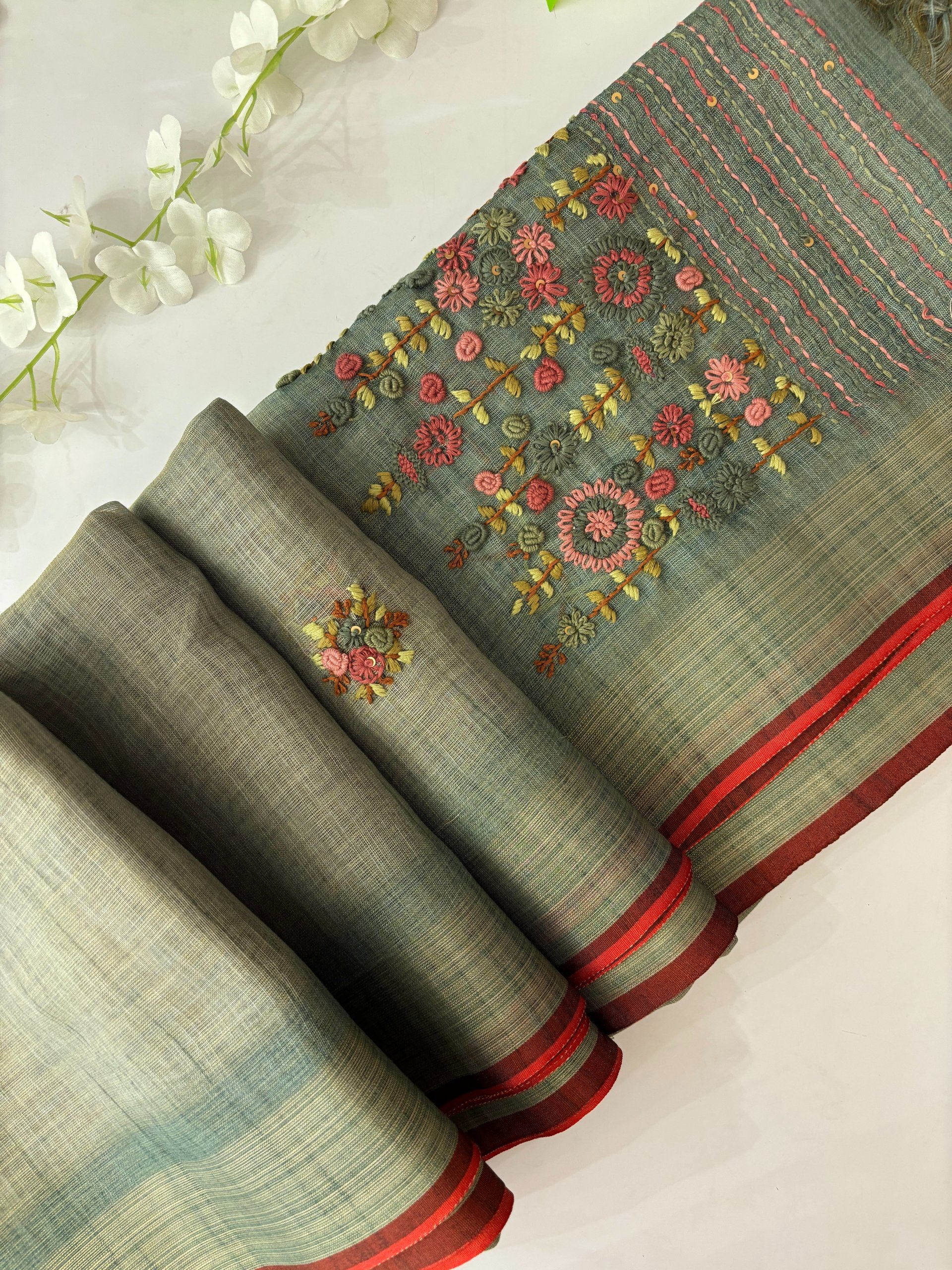 Greyish Blue - Linen Tissue Saree with Knot Work