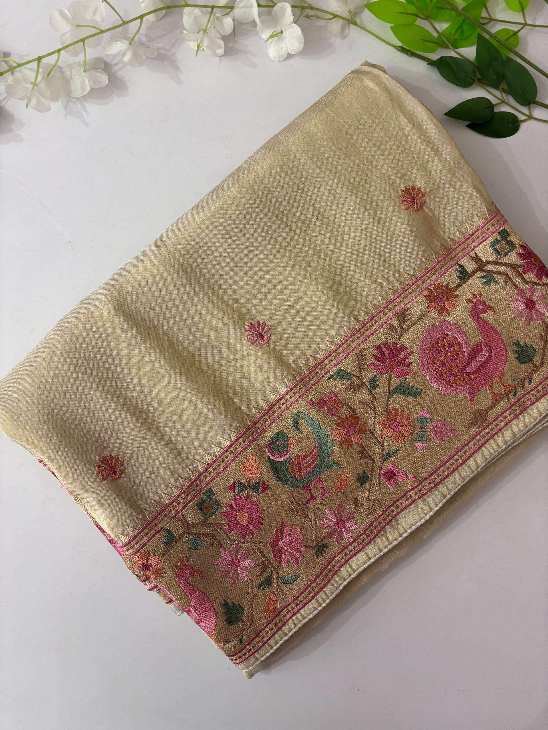 Cream Fancy Tissue Saree with Embroidery