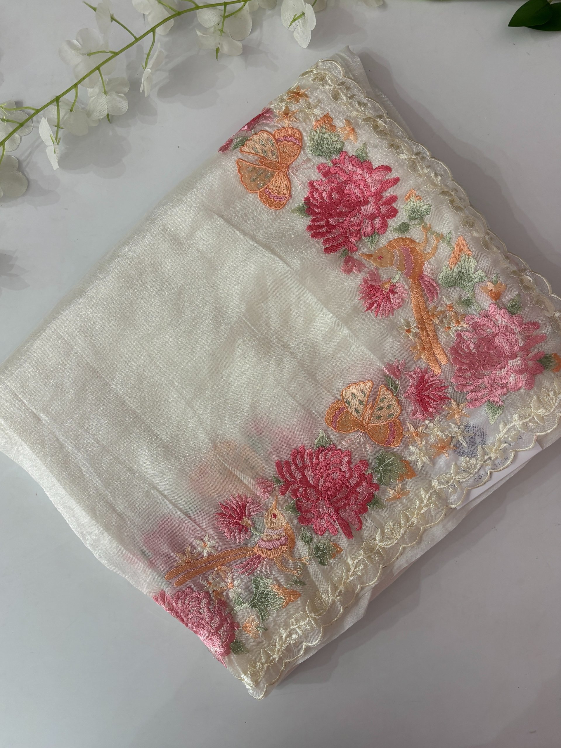 White Luxe Fancy Tissue Crepe Saree with Embroidery