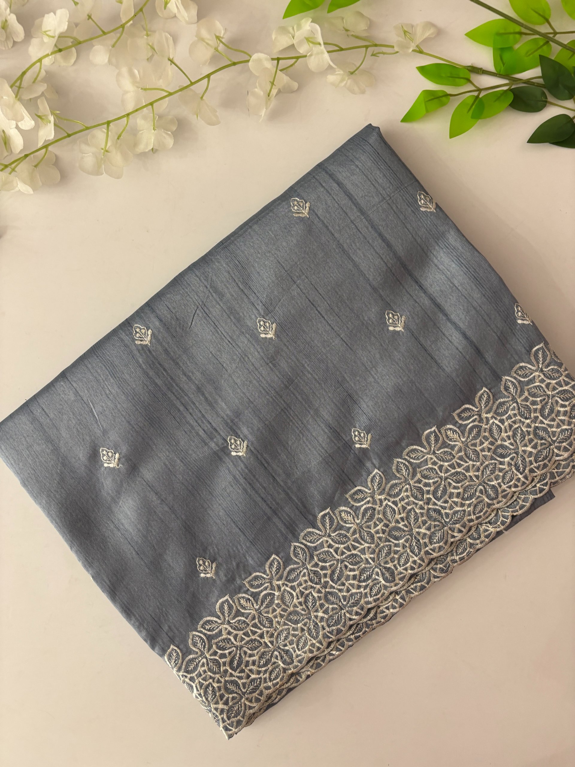 Greyish Blue Semi Tussar Silk Saree with Embroidery on it