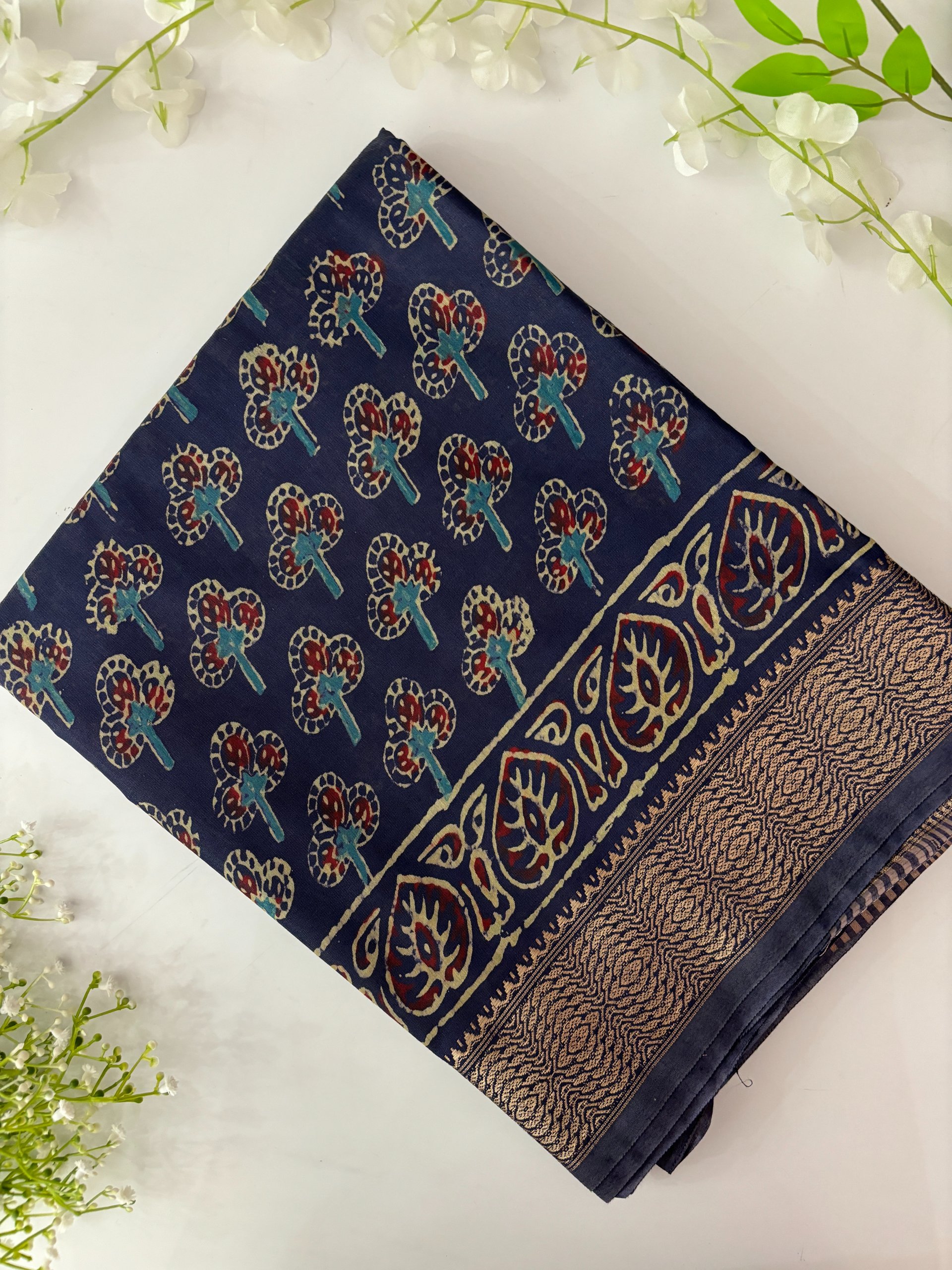 Blue Block Printed Ajrakh Modal Muslin Saree