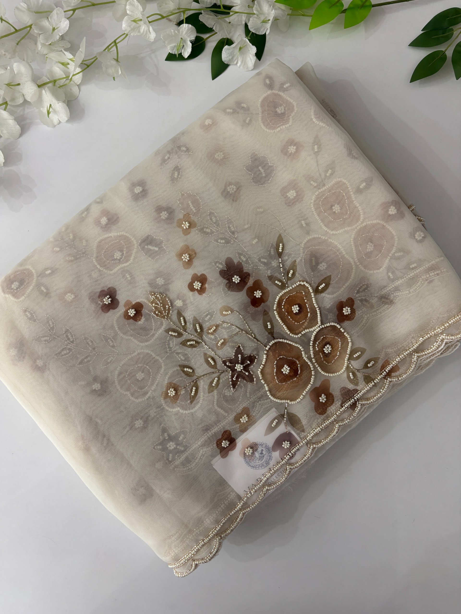 Mustard Floral White Organza Sarees with Handwork