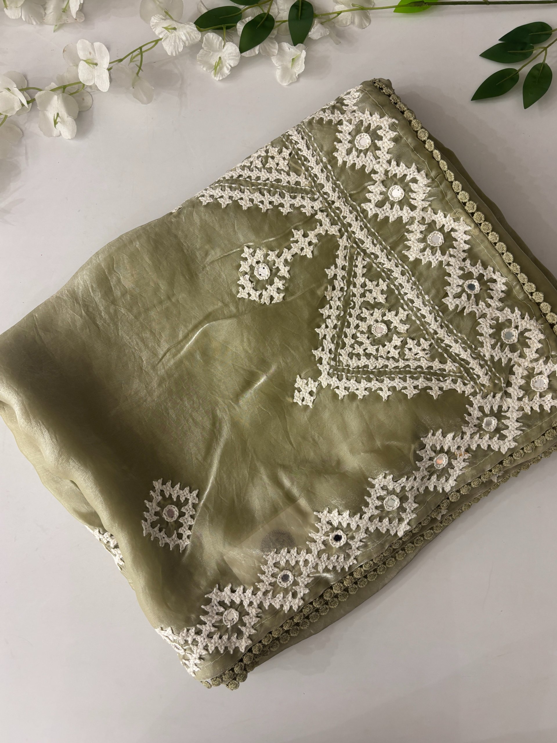 Green Glass Tissue Organza Sarees with Kutch Work