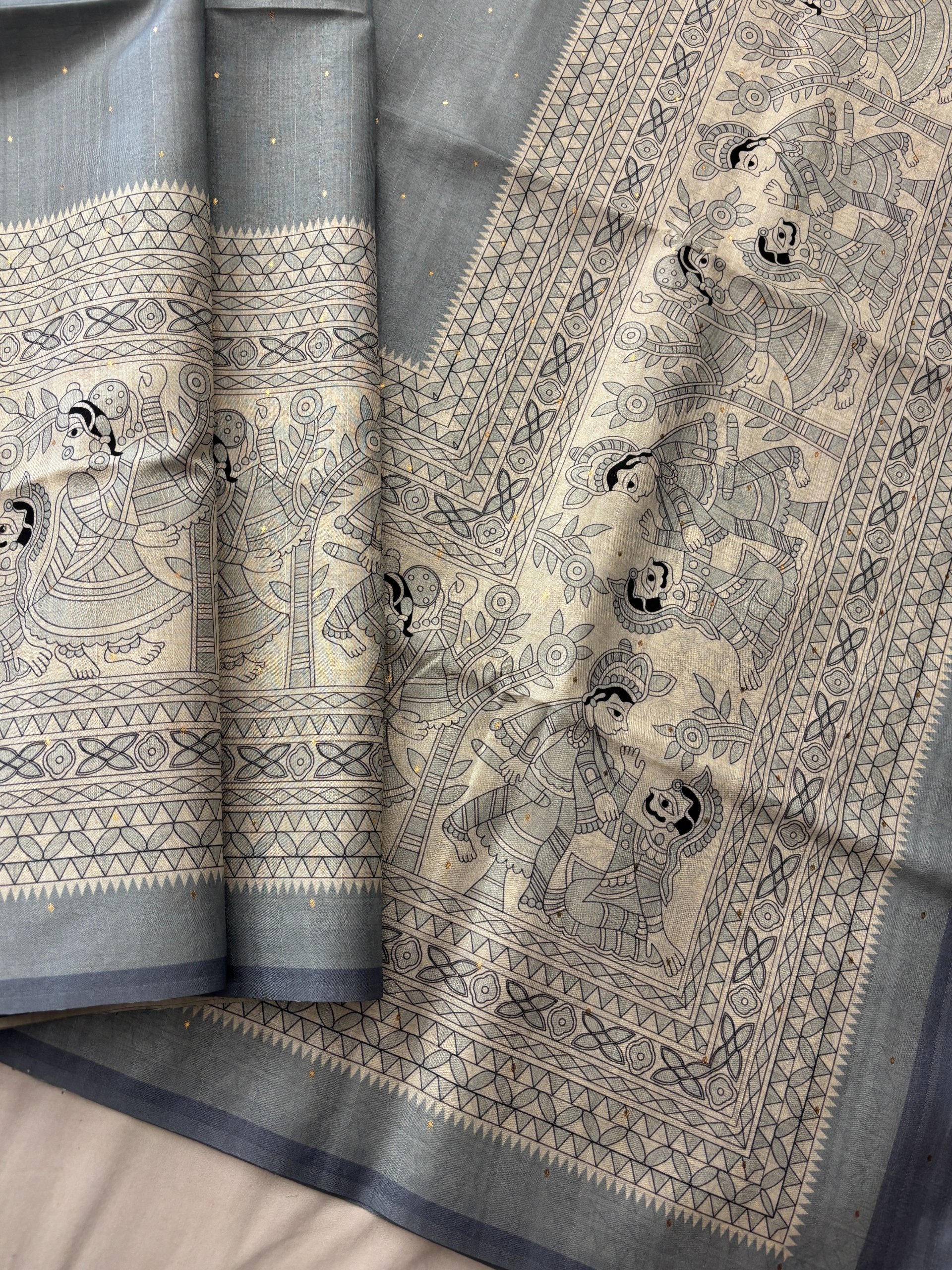 Grey Tussar Silk Madhubani Print Saree