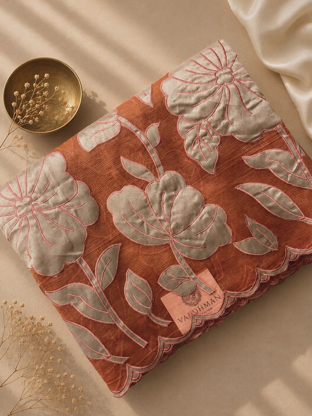 Brick Tissue Organza Sarees with Appliqué Work Embroidery