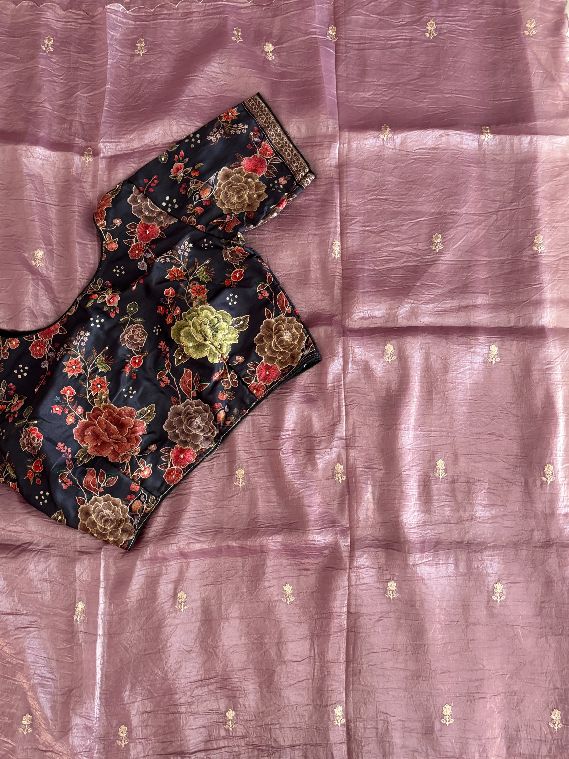 Onion Pink Tissue Crush Organza Saree with Aari Work