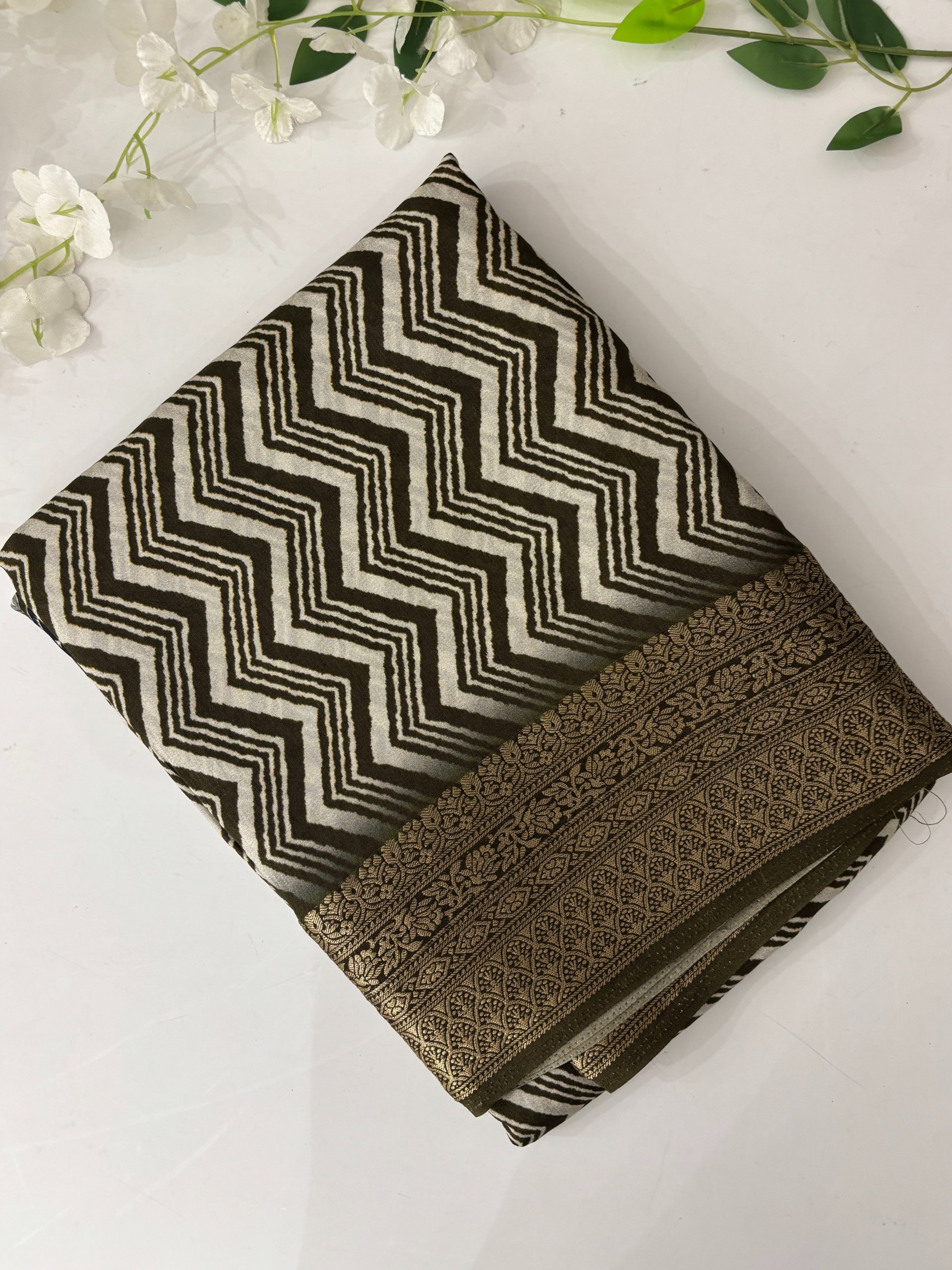 Olive Green Zig Zag Dola Silk Saree