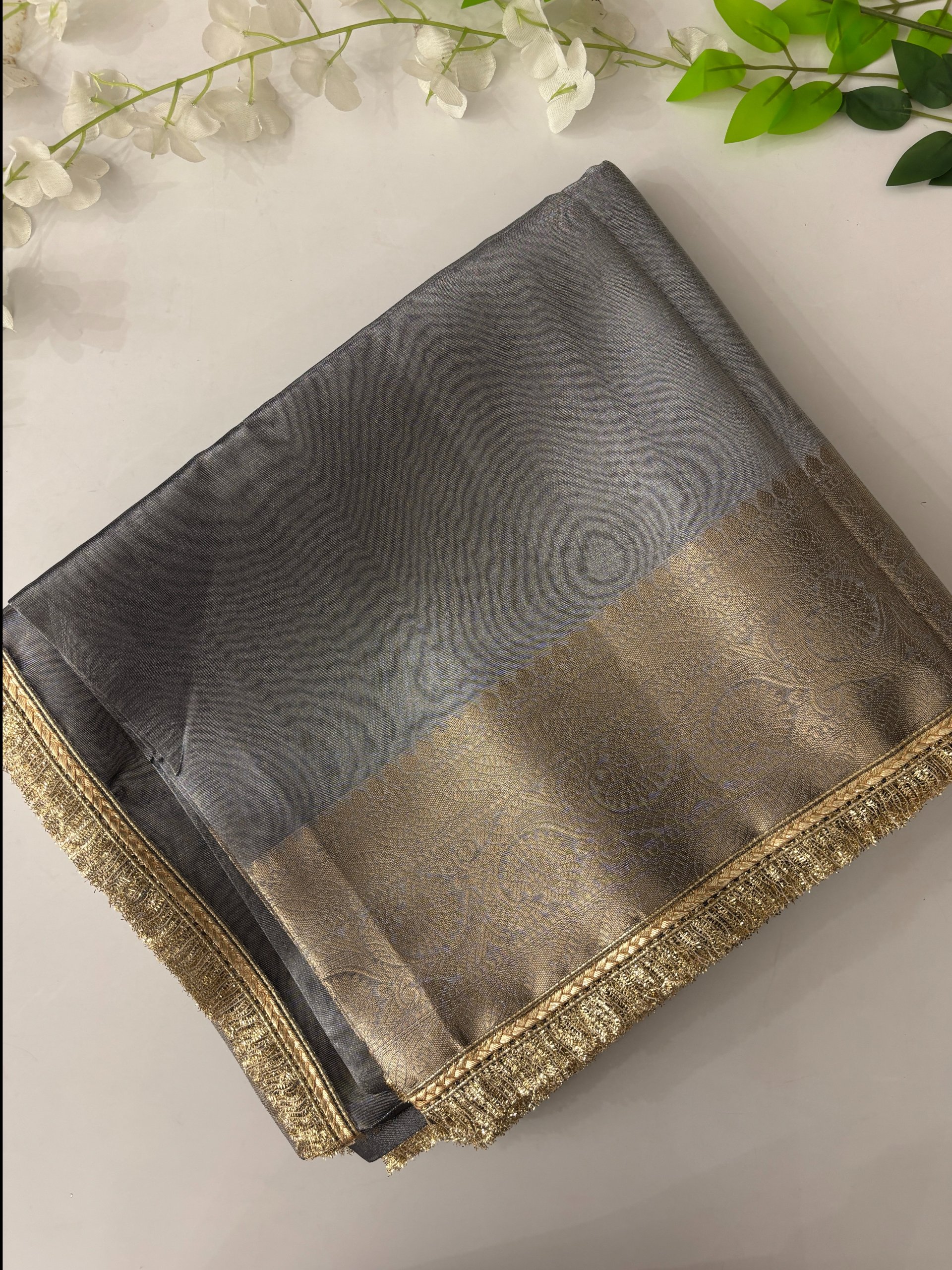 Grey Banarasi Tissue Saree with Lace Border
