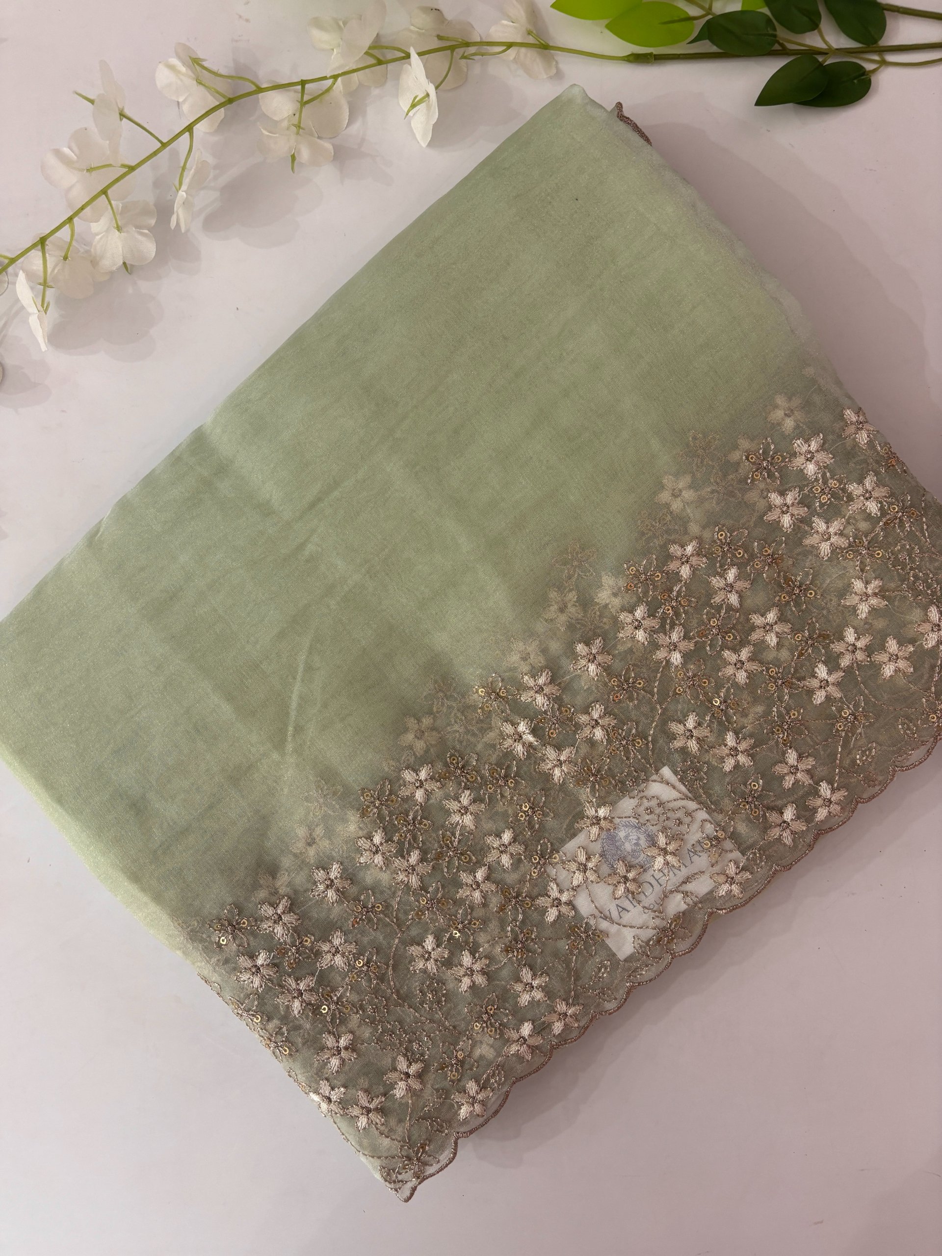 Light Green Crush Tissue Organza Saree with Embroidery