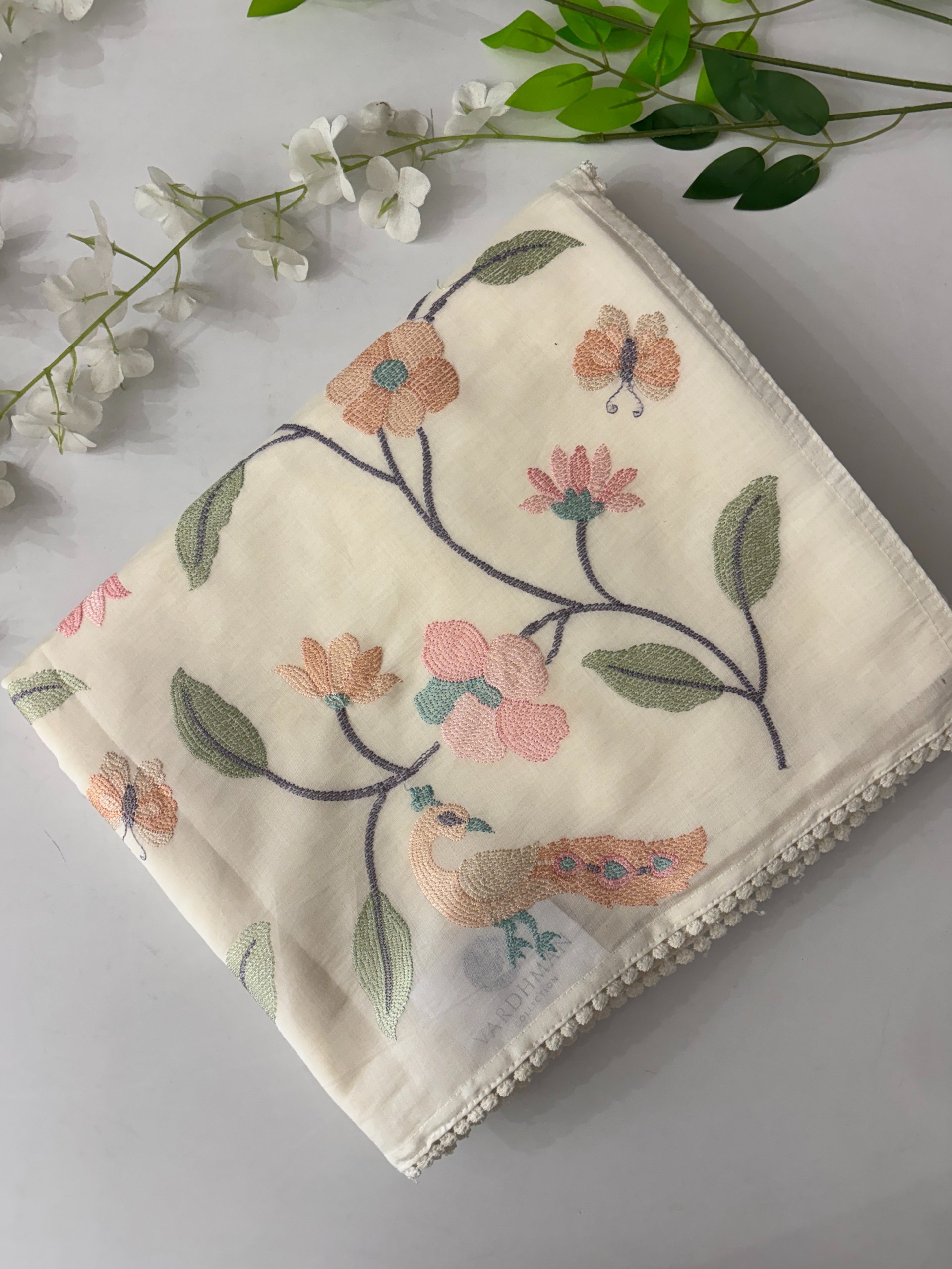 Off White Mul Chanderi Saree with Embroidery