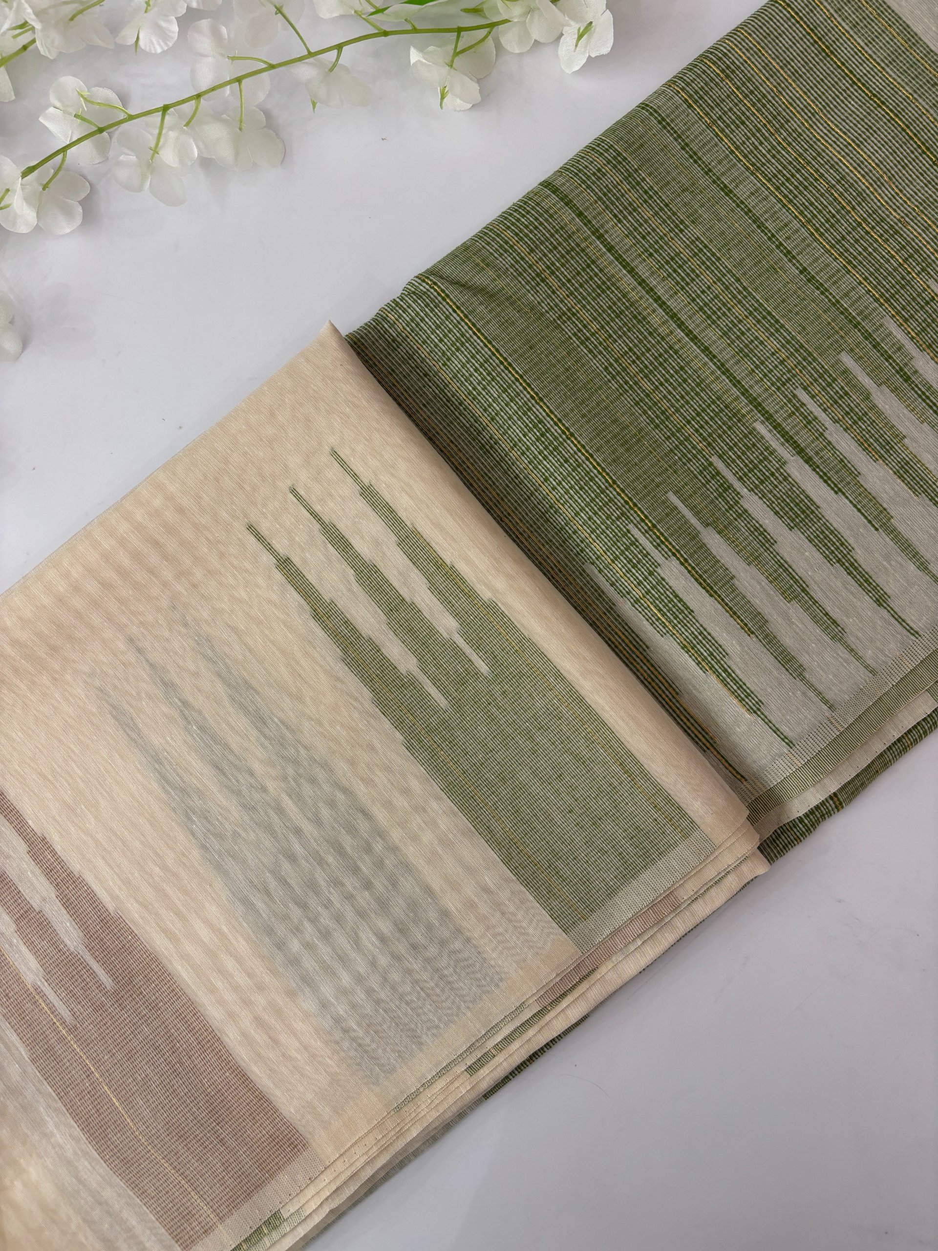 Cream with Green Temple Border Cotton Saree