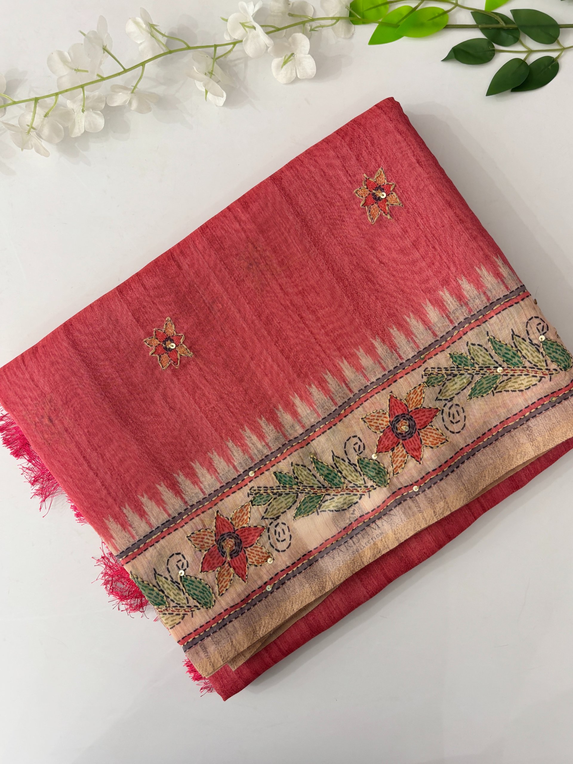 Pink Madhubani Saree with Kantha Work 