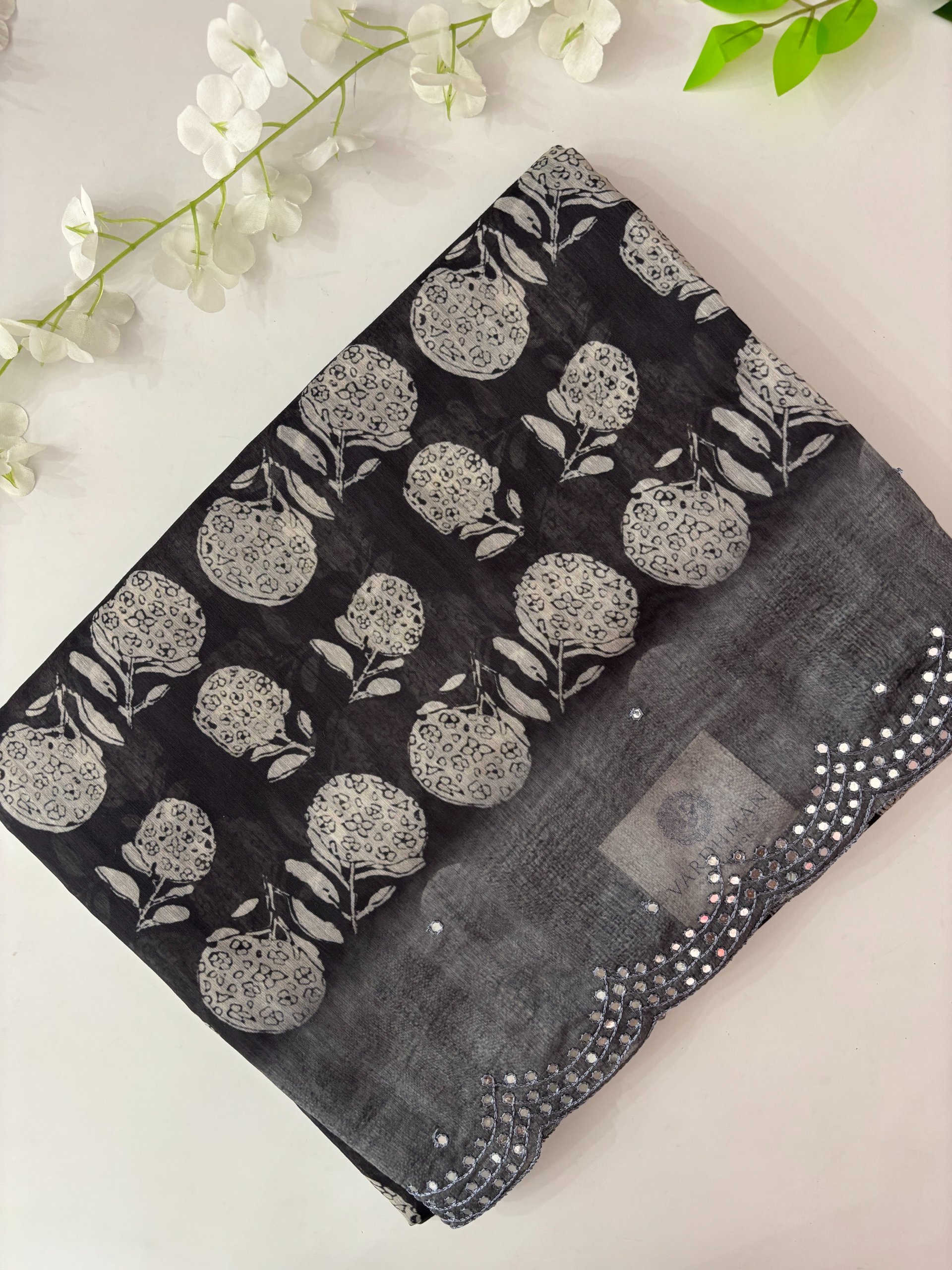 Dusty Black Scalping Border Digital Chanderi Cotton Saree with Mirror Work