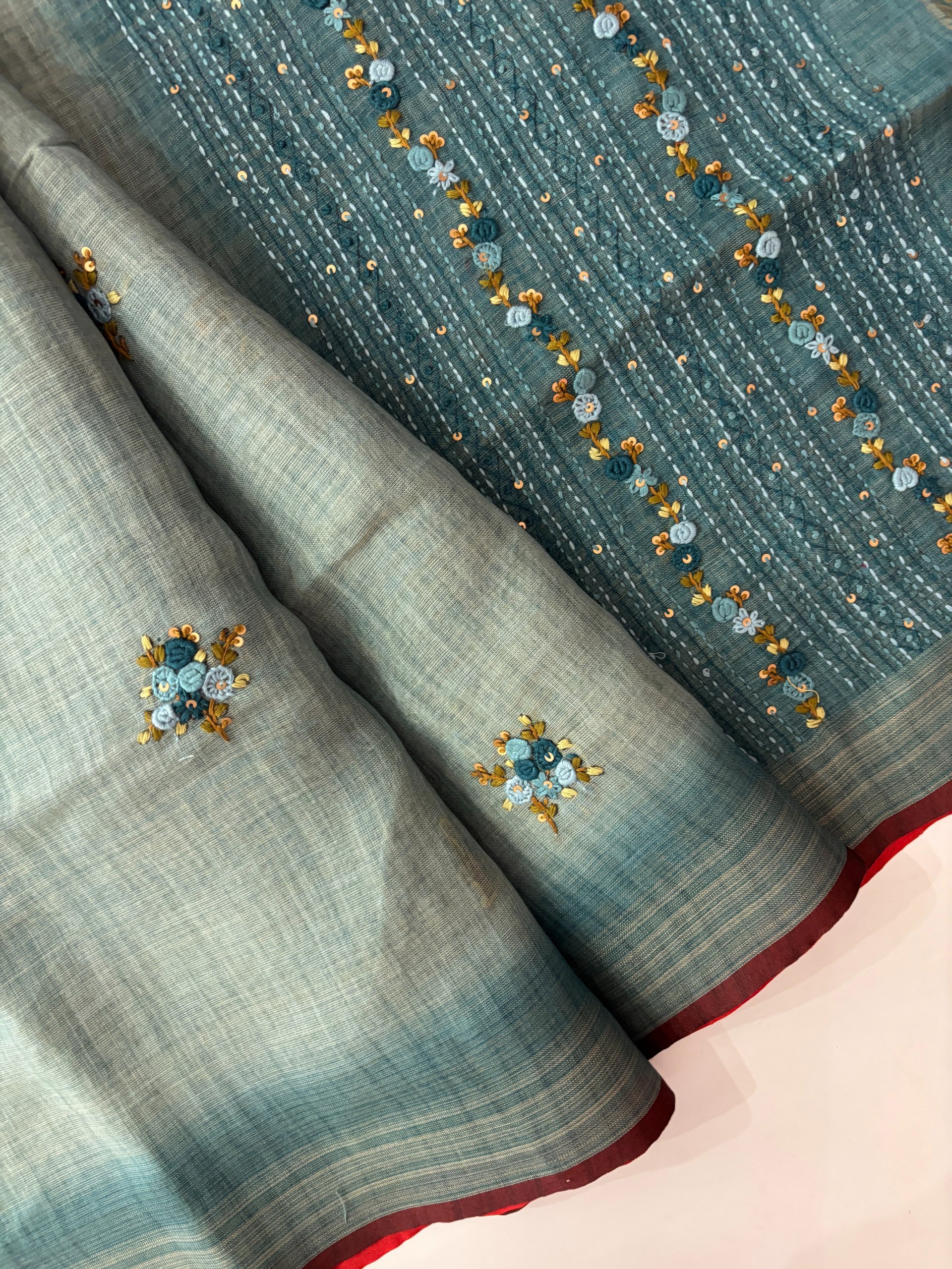 Blue Linen Tissue Saree with Knot Work