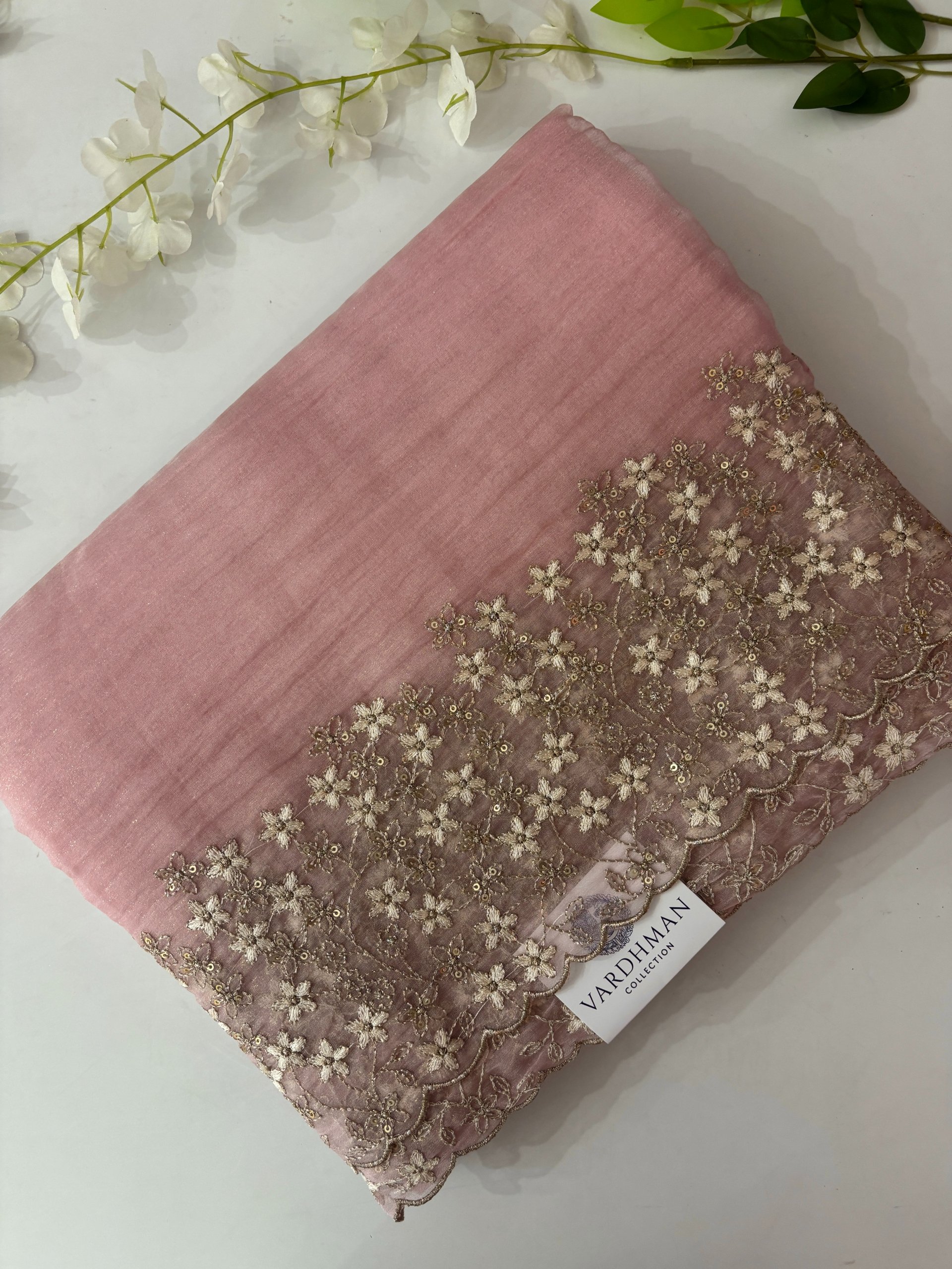 Baby Pink Crush Tissue Organza Saree with Embroidery