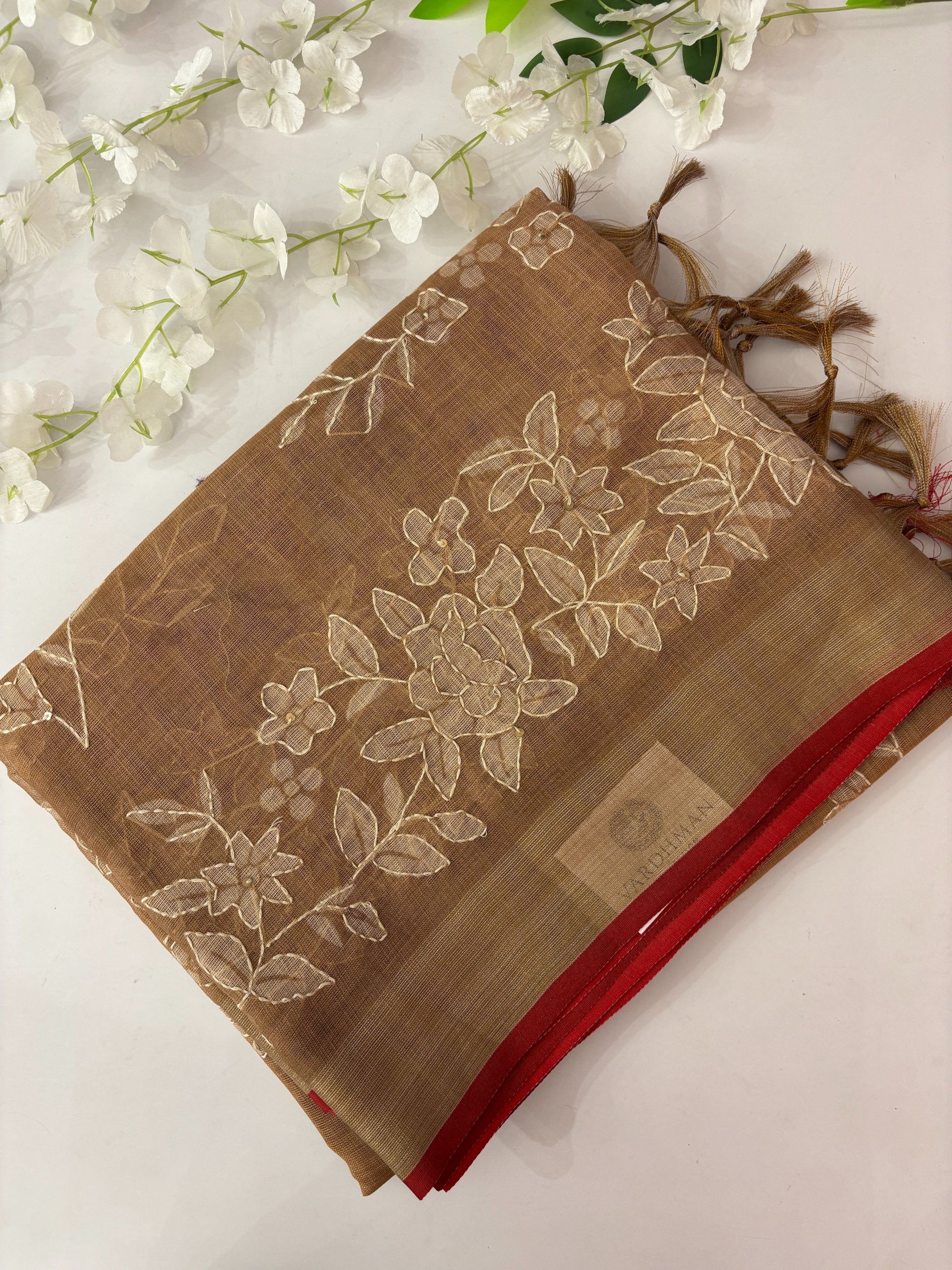 Brick - Linen Tissue Saree with Kantha Work