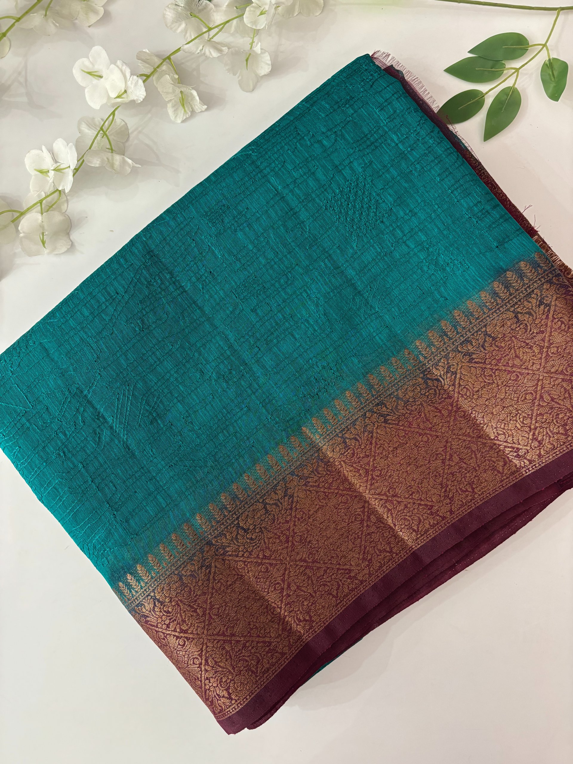 Peacock Blue Banarasi Jute Linen Silk Saree with Embroidery
