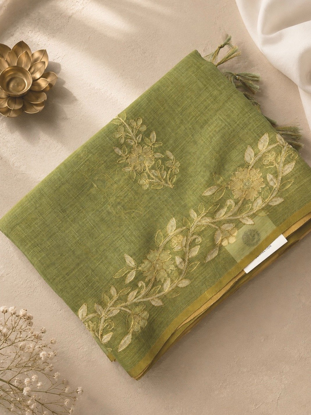 Mustard Tissue Linen Sarees with Zari Embroidery