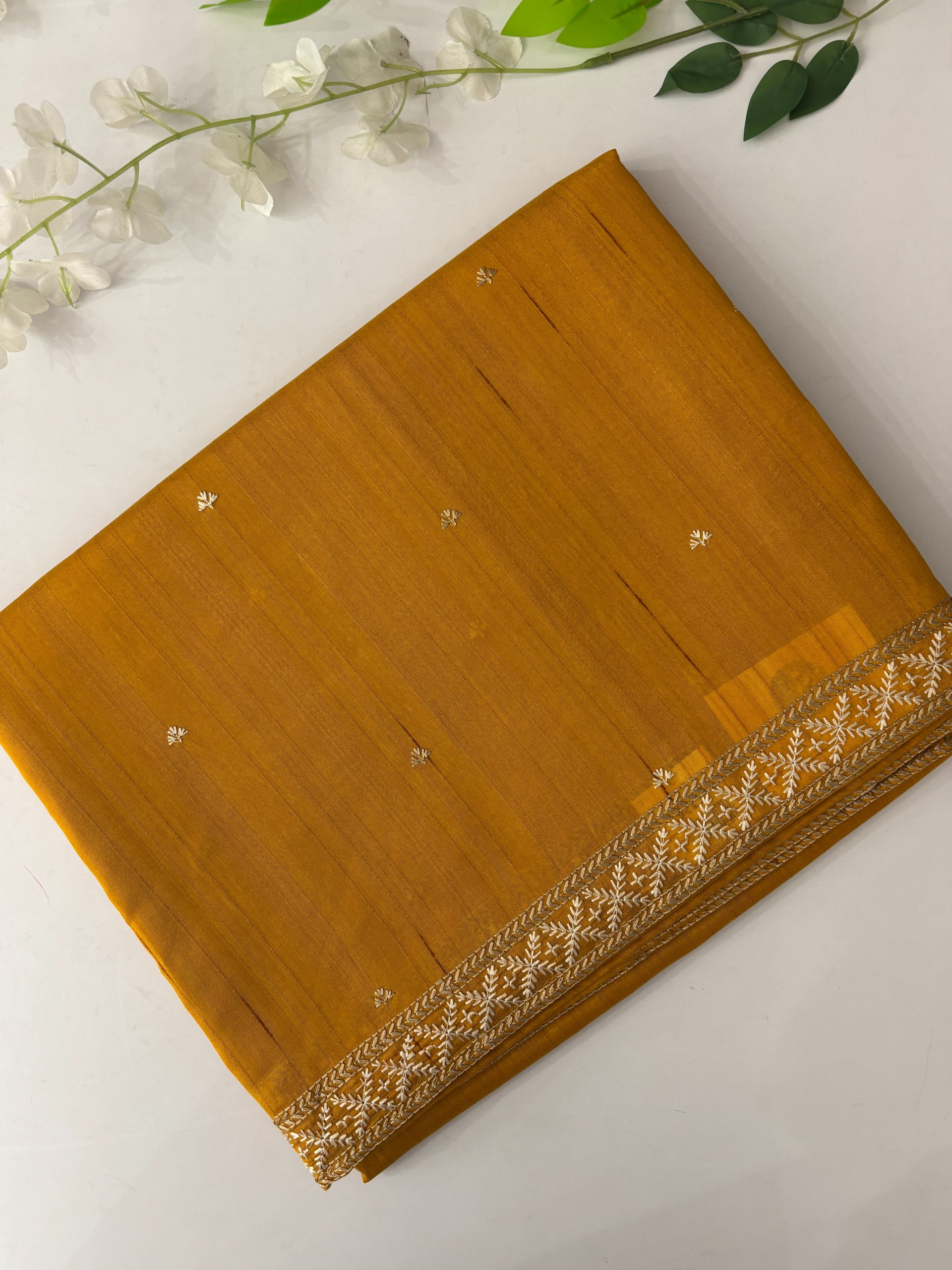 Yellow Tussar Silk Saree with Embroidery