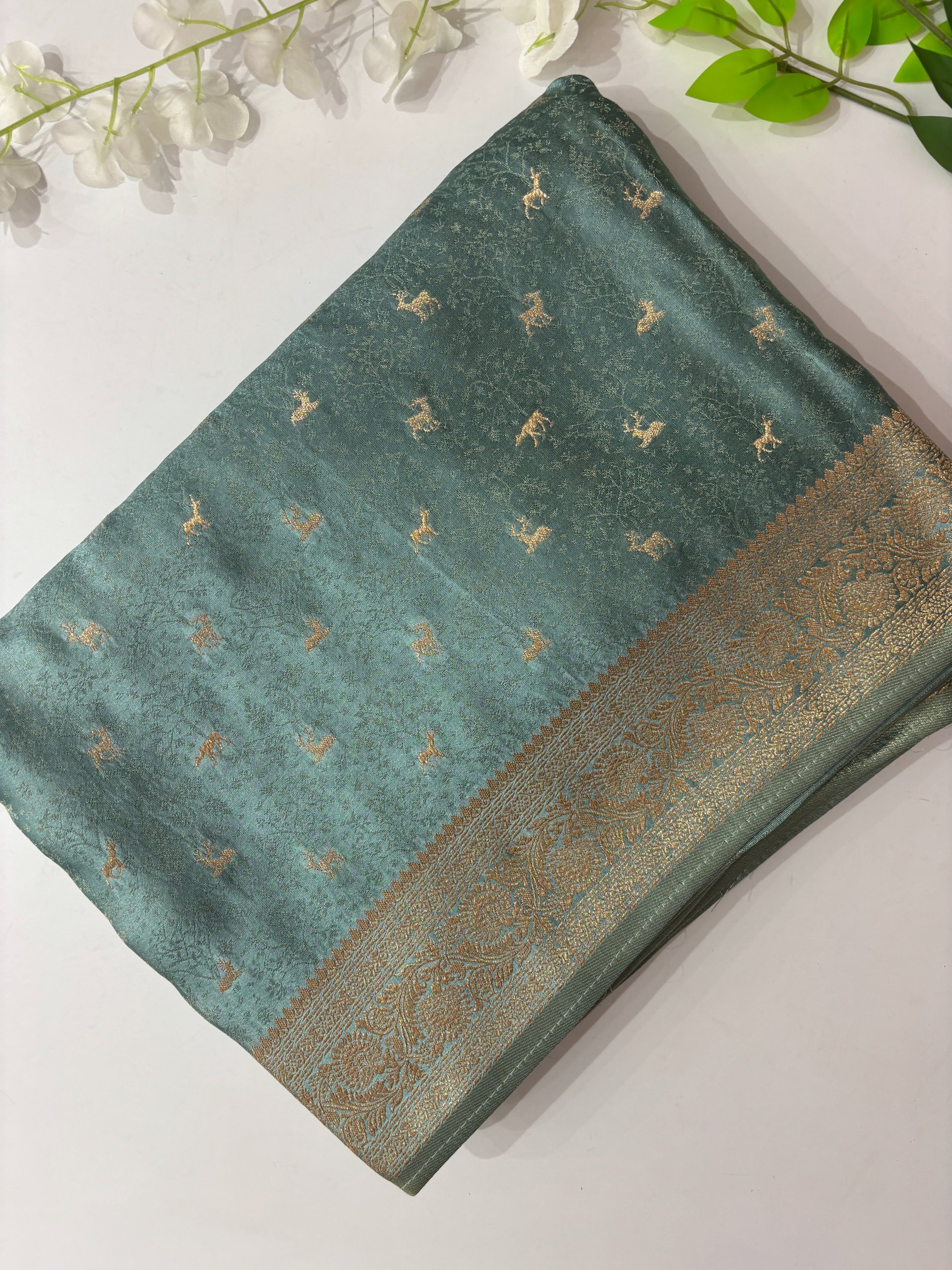 Turquoise Green Banarasi Mashru Silk Saree