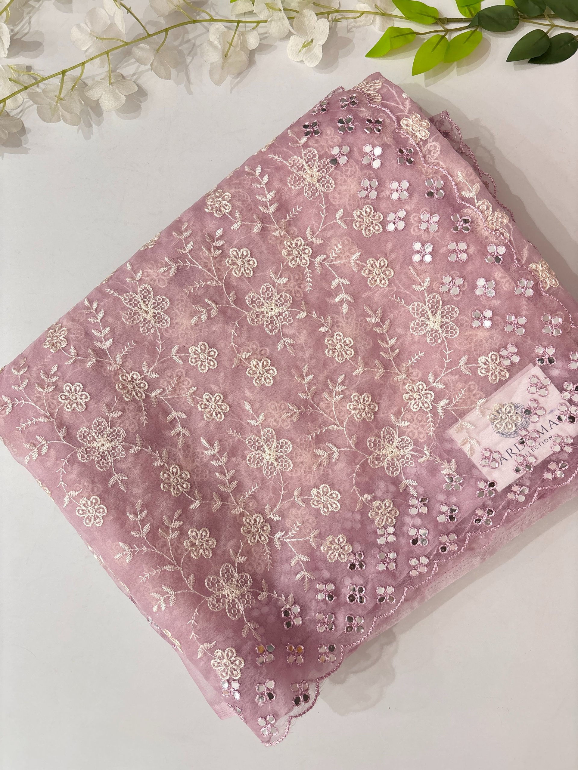 Light Pink Organza Saree with Embroidery & Mirror Work