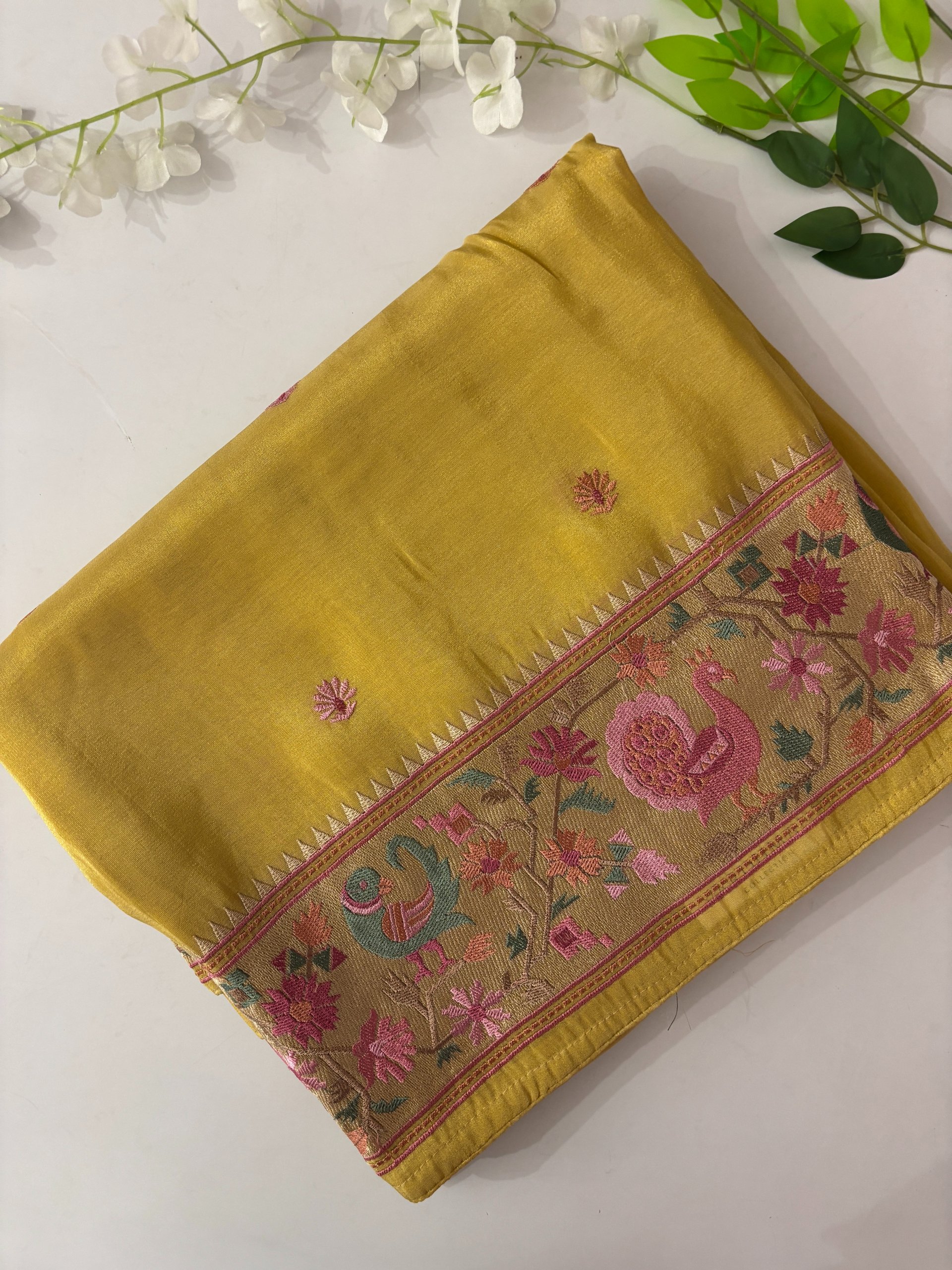 Yellow Fancy Tissue Saree with Embroidery