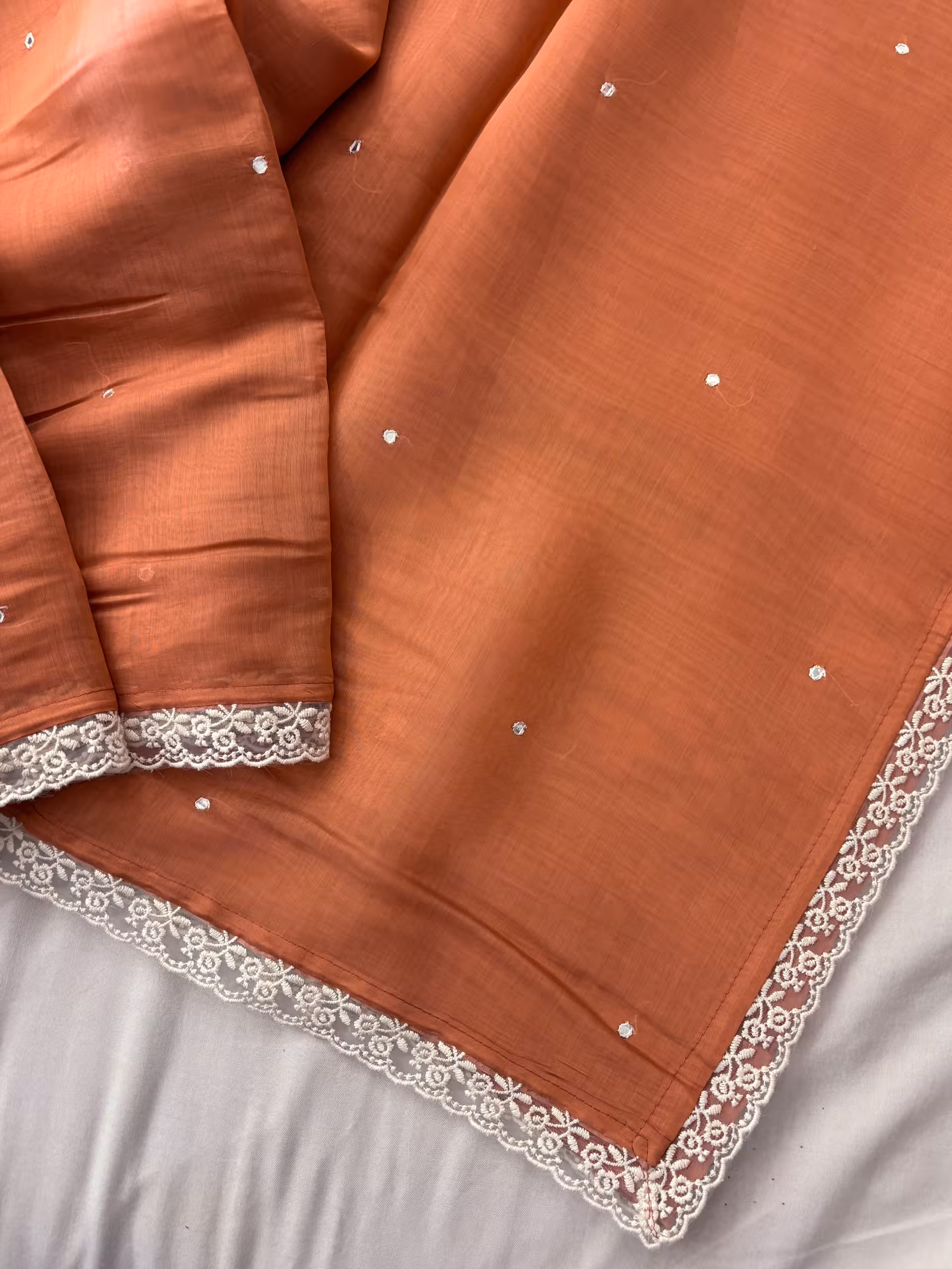 Peach Mul Chanderi Saree with Mirror Work
